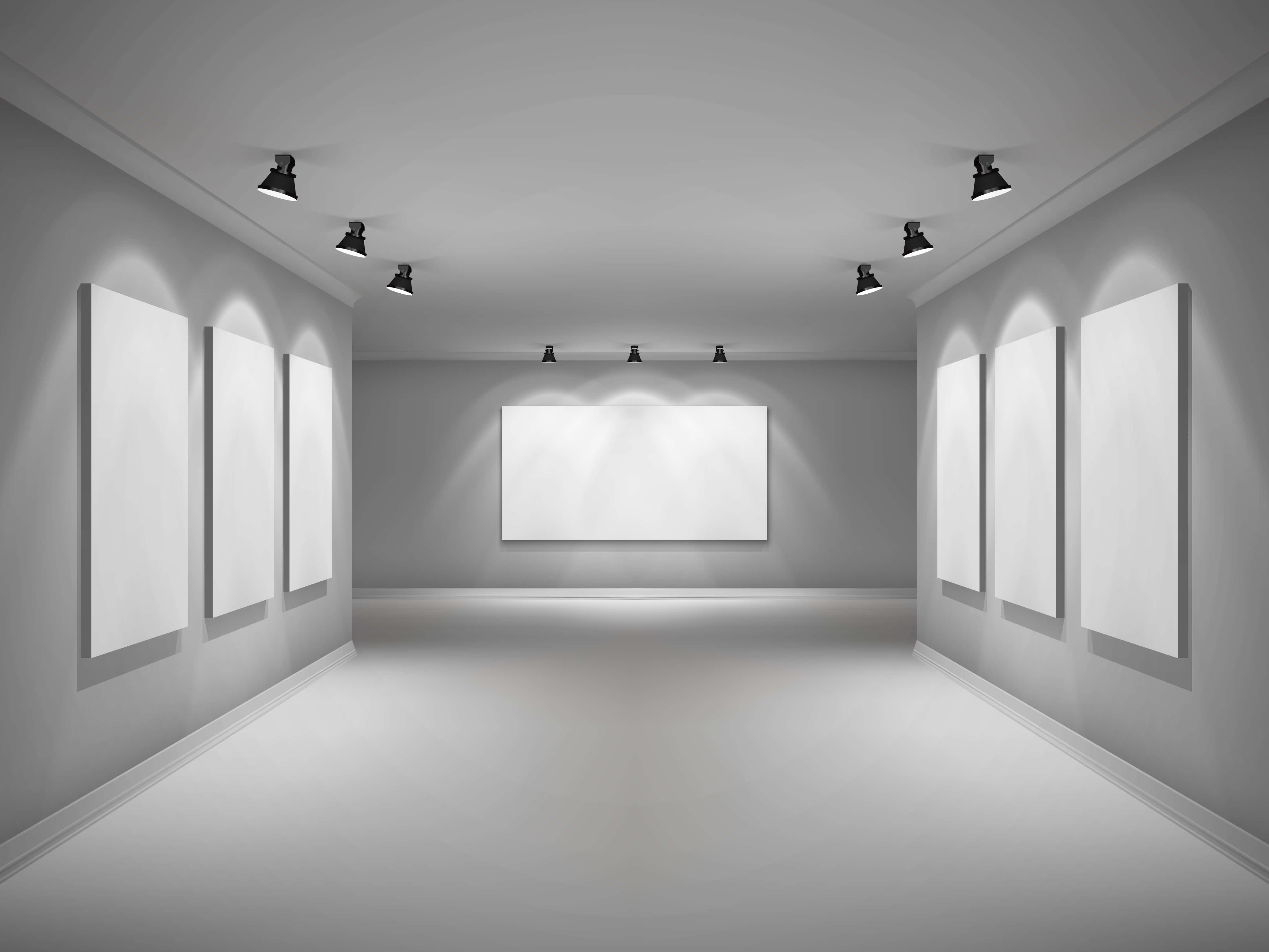 Gallery 桌布 壁紙 — 一個極簡主義藝術畫廊，灰色牆壁和地板上由聚光燈照亮的空白白色畫布。
