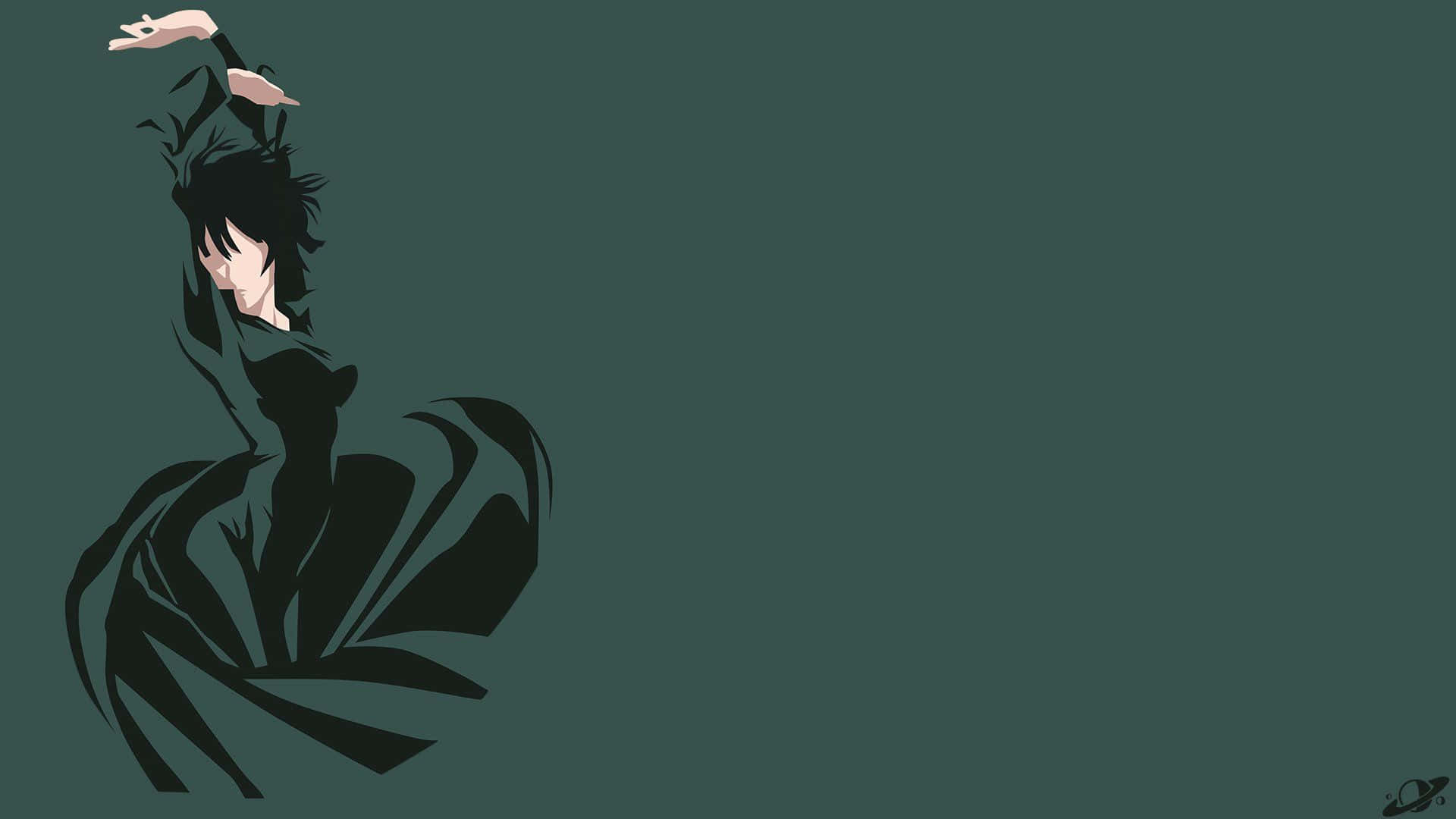 Fubuki 桌布 壁紙 — 一個極簡動漫風格的人物，穿著飄逸的黑色連衣裙，在純青色背景上優雅地跳舞。