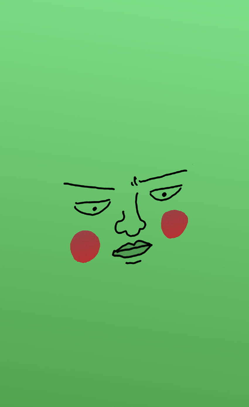 Mob Psycho 100 Ekubo 桌布 壁紙 — 一個極簡卡通臉，帶有憤怒的眉毛和紅色的臉頰，用黑色線條繪製在純綠色背景上。