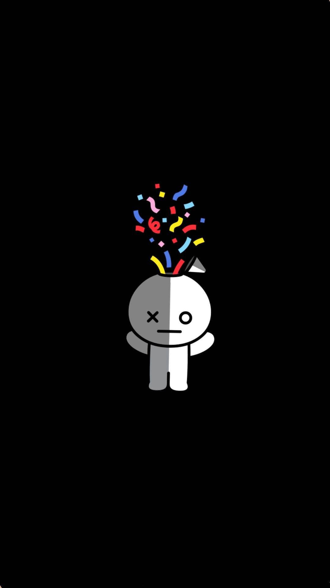 BT21 桌布 壁紙 — 一個極簡卡通角色，頭部灰白分半，戴著派對帽，在黑色背景上從頭頂爆出彩色紙屑。