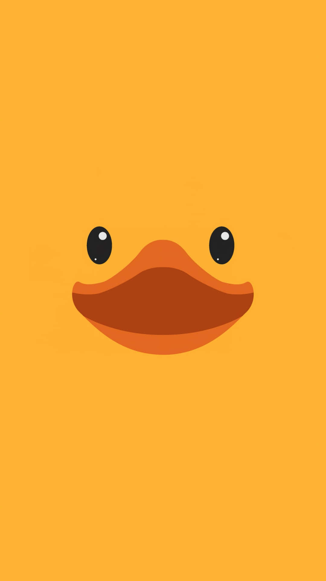Kawaii Emoticon 桌布 壁紙 — 一個極簡卡通鴨臉，黑色眼睛和橙色喙，居中在純黃色背景上。