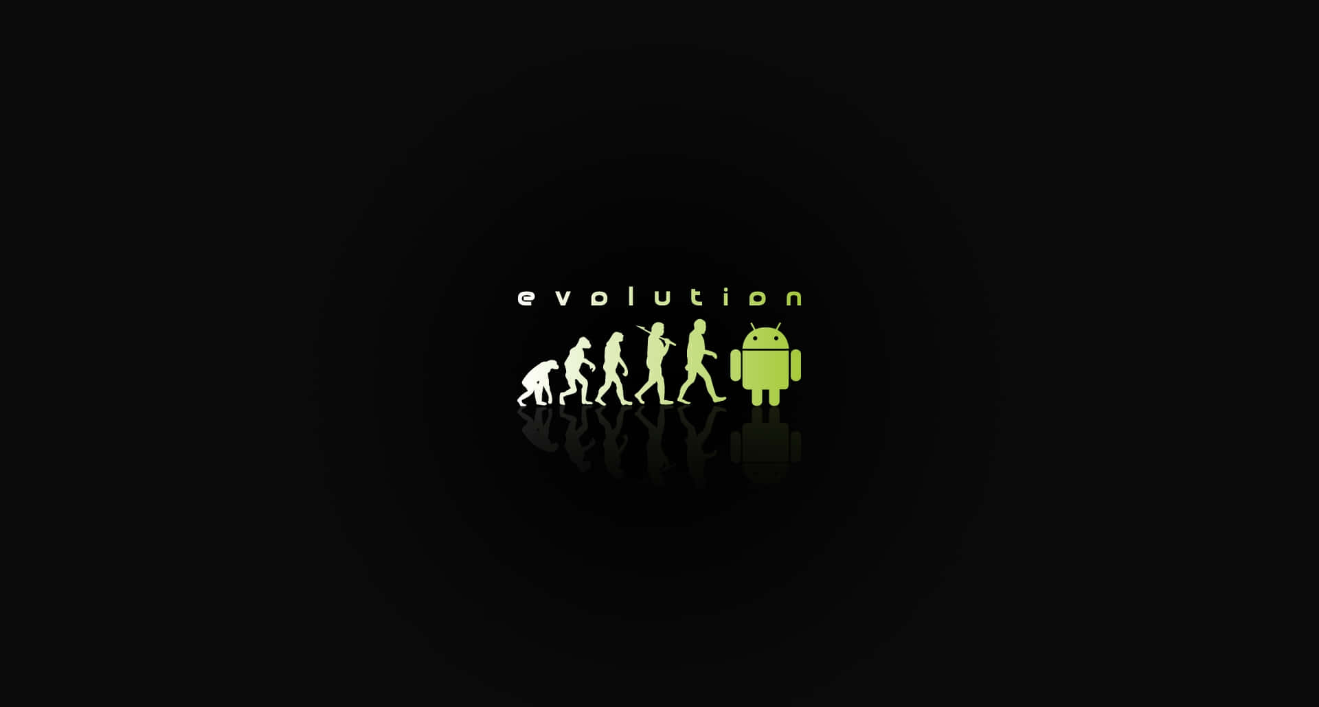Android Computer 桌布 壁紙 — 一個極簡圖形顯示「進化」一詞，位於從猿人過渡到Android機械人的剪影序列上方，背景為黑色。