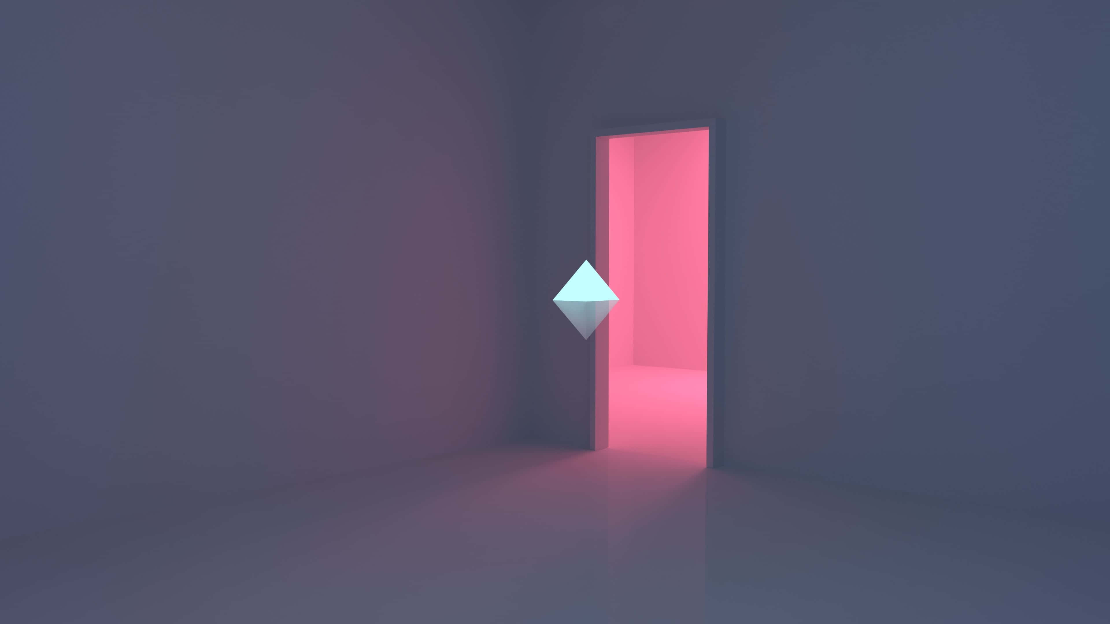 3d Graphics 桌布 壁紙 — 一個極簡房間中發光的粉紅色門口，將柔和光線投射到一個漂浮的鑽石形物體上。
