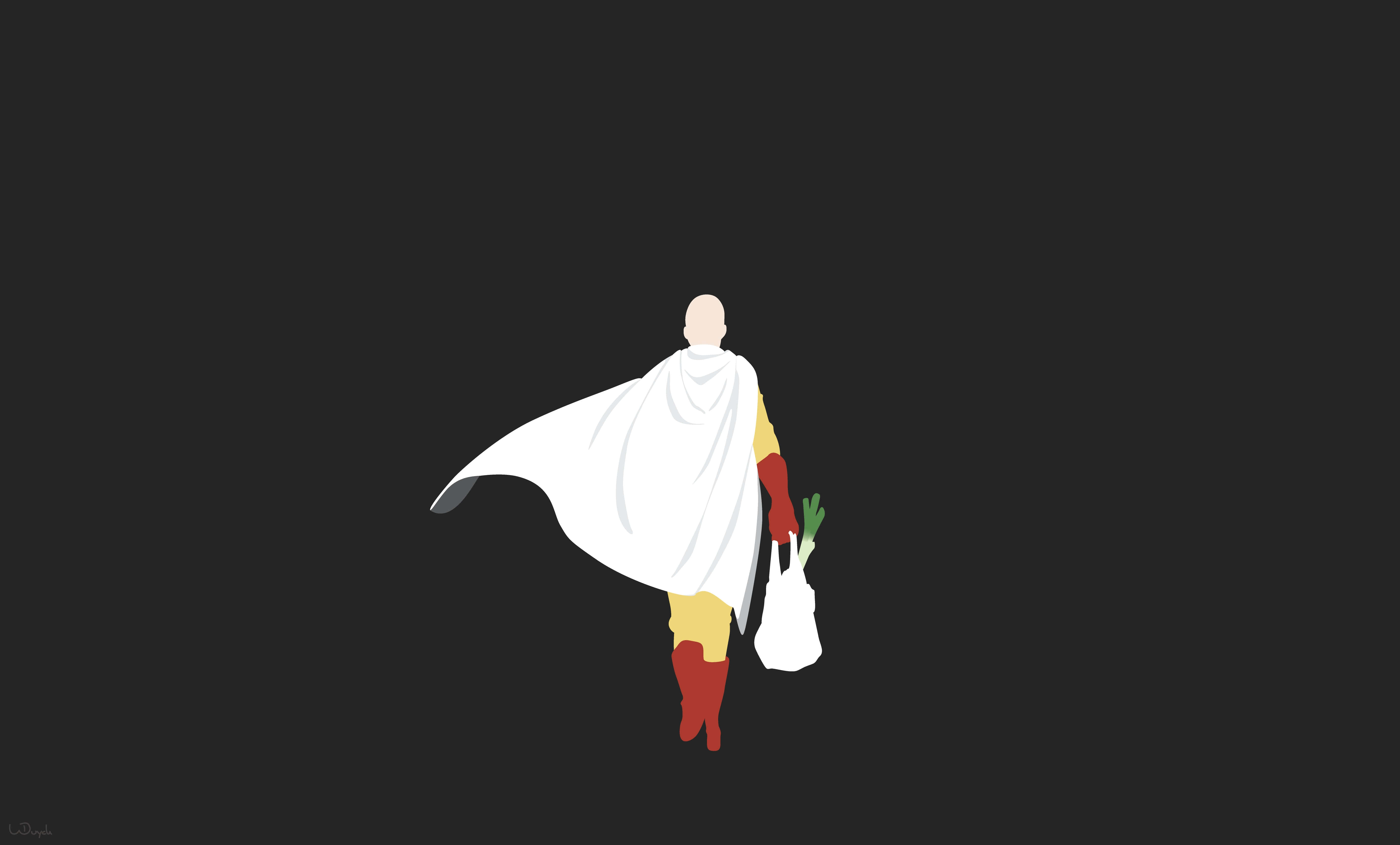 One Punch Man Minimalist 桌布 壁紙 — 一個極簡插圖，描繪一位光頭超級英雄，身穿白色斗篷和紅色靴子，在深色背景前拿著一袋青蔥。
