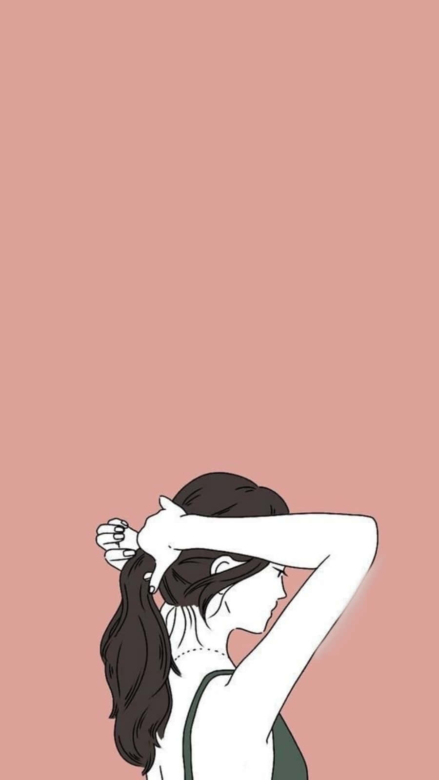 可愛少女風gif 桌布 壁紙 — 一個極簡插圖，描繪一位女性在純色塵粉玫瑰背景上將深色頭髮紮成馬尾辮。