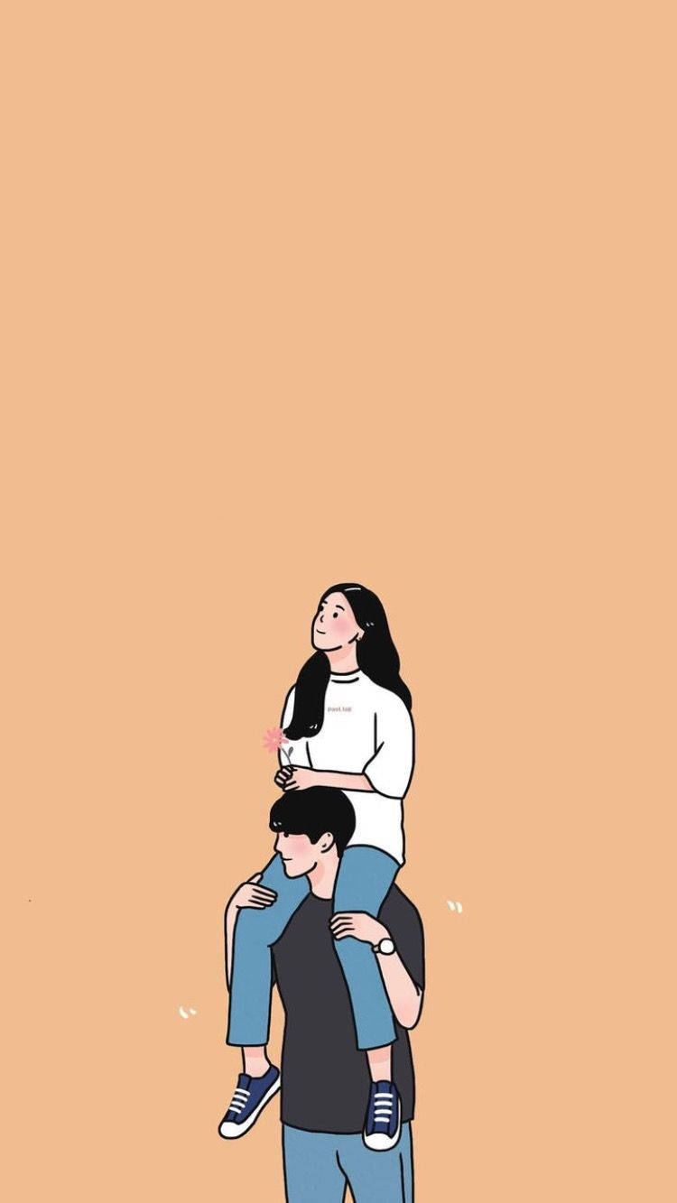 情侶 桌布 壁紙 — 一個極簡插圖，描繪一名男子在純桃色背景上將一名女子扛在肩上。