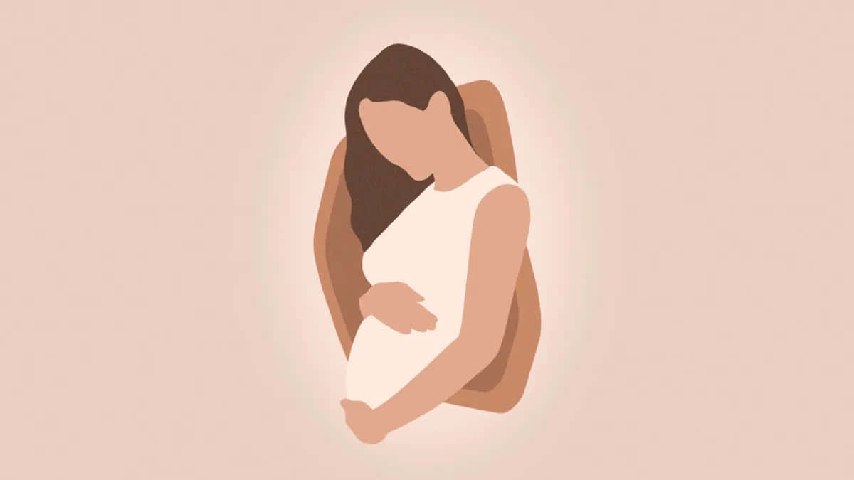 pregnancy 桌布 壁紙 — 一個極簡插畫，描繪一位女性在柔和蜜桃色背景中懷抱孕肚。