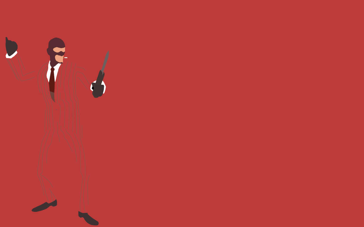 spy 桌布 壁紙 — 一個極簡插畫，描繪一名戴面具、身穿西裝的男子，在純紅色背景前手持槍和帽子。