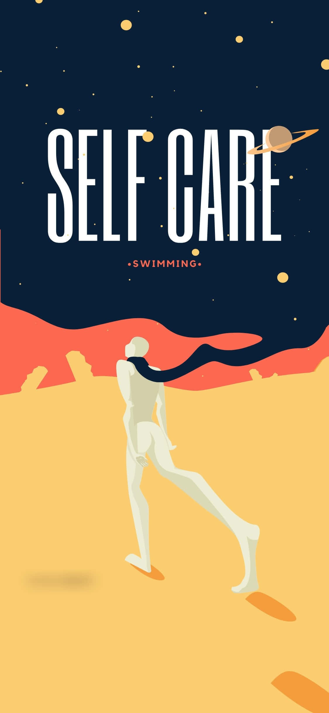 Self Care 桌布 壁紙 — 一個極簡插畫人物在星空下帶有土星的宇宙景觀中游泳。