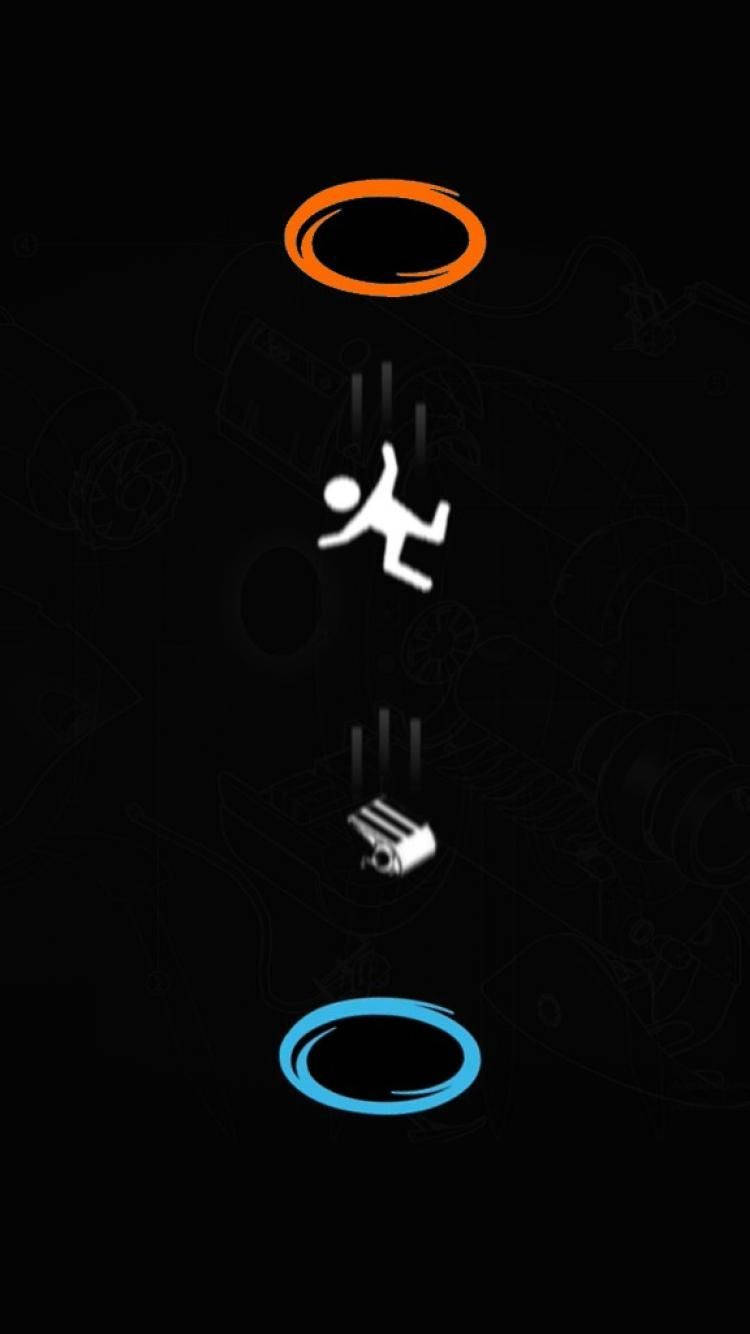 遊戲 桌布 壁紙 — 一個極簡數位插圖，描繪白色火柴人在黑暗背景中墜落於發光的橙色和藍色圓環之間。