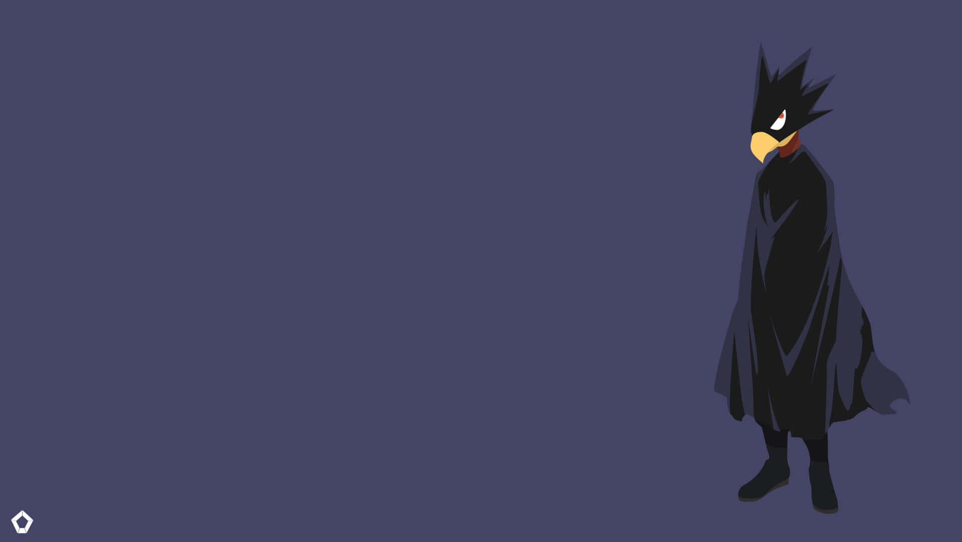 Fumikage Tokoyami 桌布 壁紙 — 一個極簡數位藝術的鳥角色，穿著黑色斗篷，獨自站在純深藍色背景前。