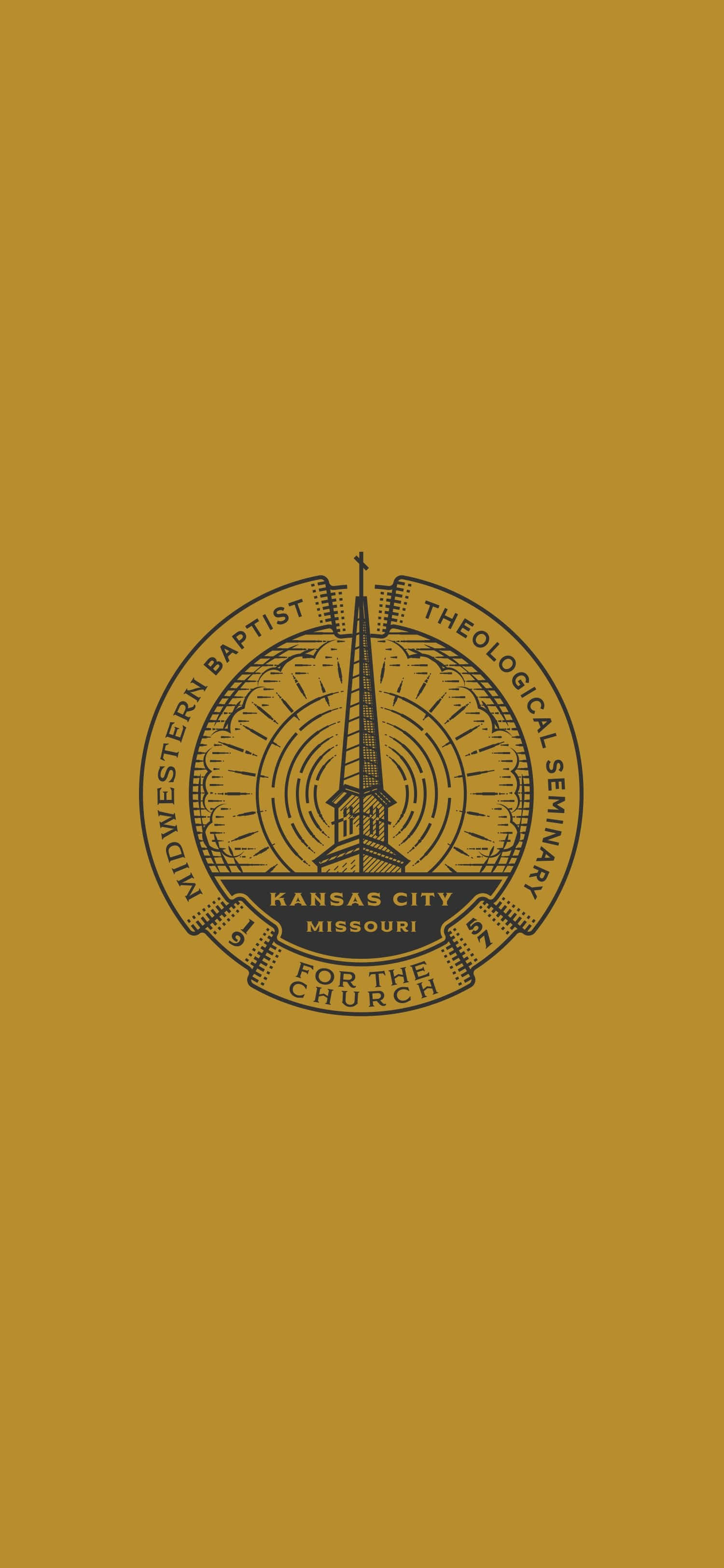 Theology 桌布 壁紙 — 一個極簡深金色嘅Midwestern Baptist Theological Seminary標誌徽章，置中喺純芥末黃色背景上。
