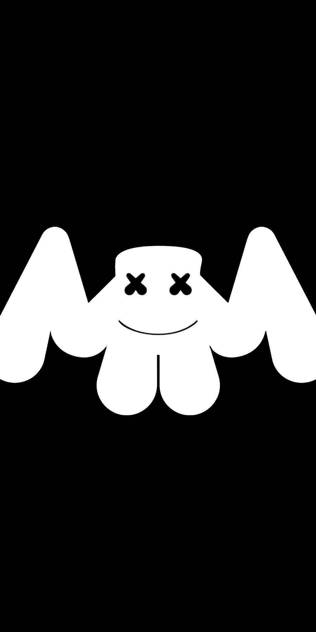 marshmello iPhone 桌布 壁紙 — 一個極簡白色卡通鬼魂，帶有X形眼睛和微笑，漂浮在純黑色背景上。