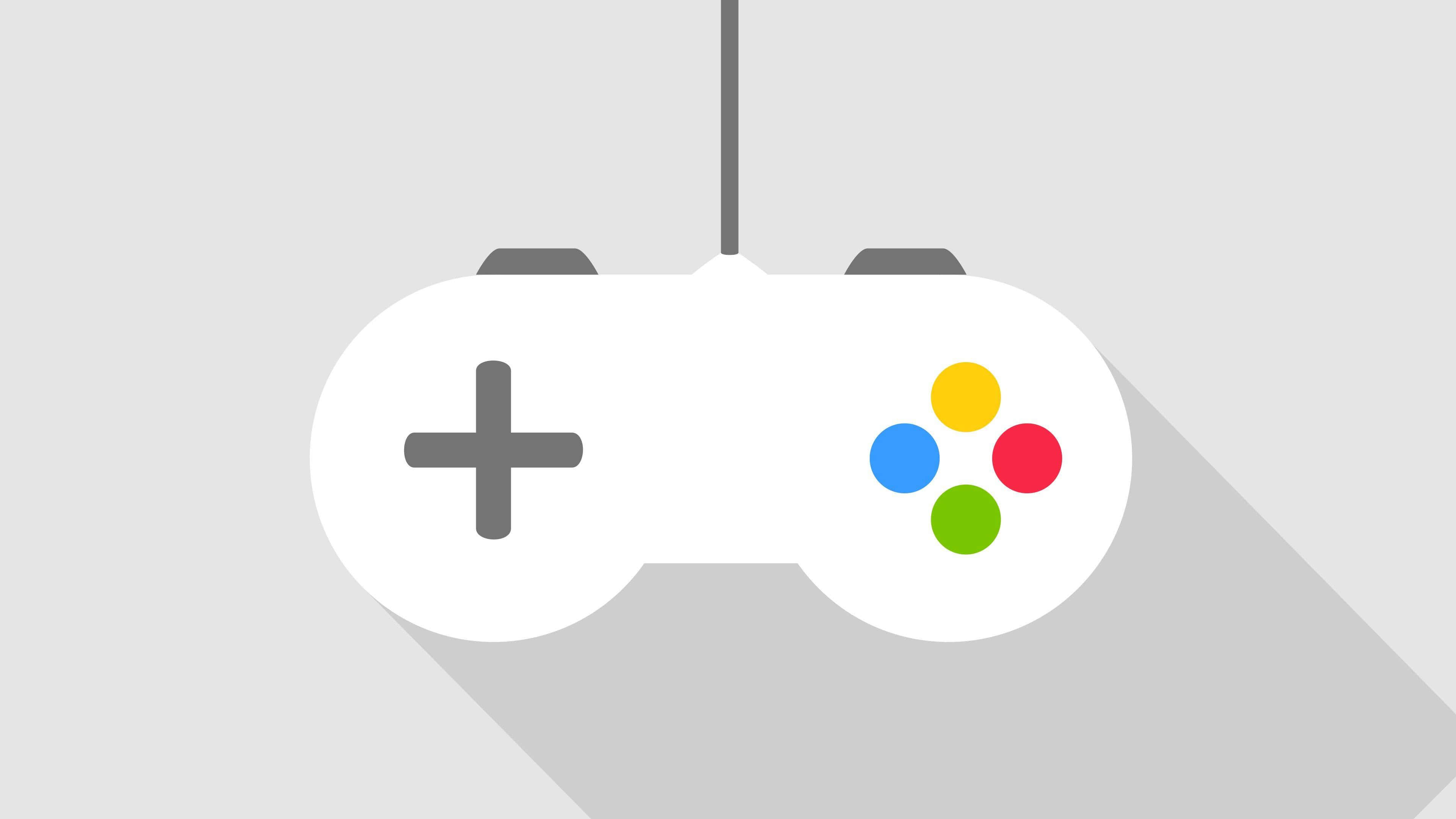 4K Gaming Consoles 桌布 壁紙 — 一個極簡白色遊戲控制器，帶有彩色按鈕，懸掛在淺灰色背景上，投下長長的陰影。