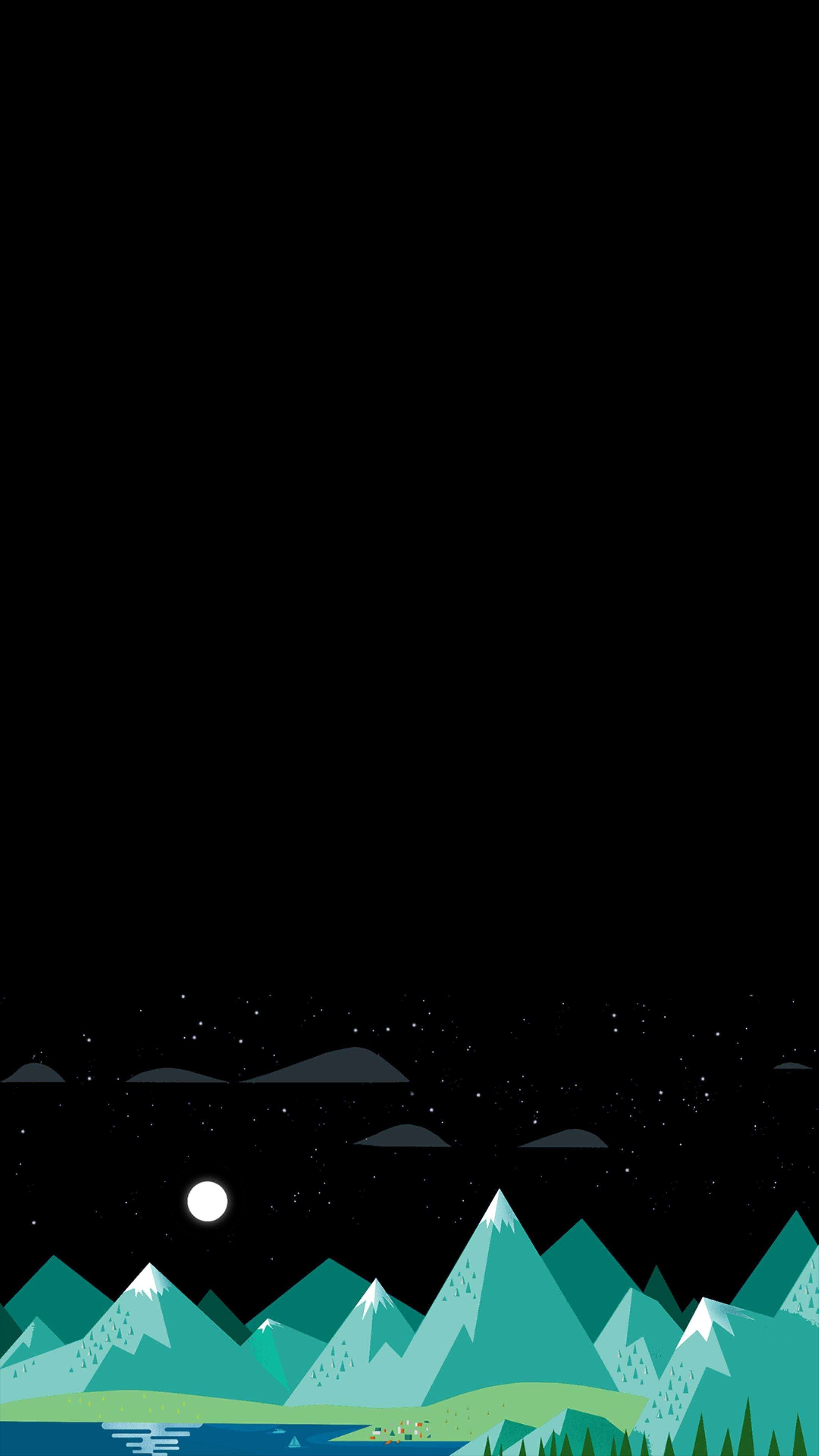 4K Oled 桌布 壁紙 — 一個極簡的夜景，青綠色的山脈在星空下，滿月映照在平靜的湖面上。