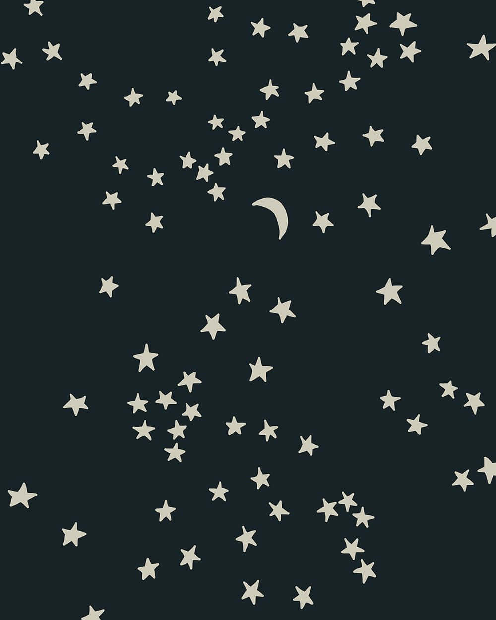 月亮與星星動畫 桌布 壁紙 — 一個極簡的夜空，深青色背景上散落著奶油色的星星和一彎新月。