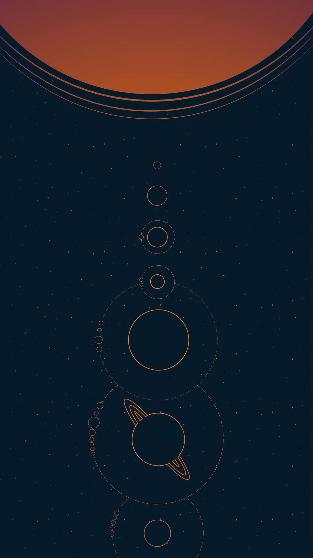 Minimalist Space 桌布 壁紙 — 一個極簡的宇宙場景，在漸變日落天空下，深藍色星空背景上呈現發光的橙色行星輪廓。