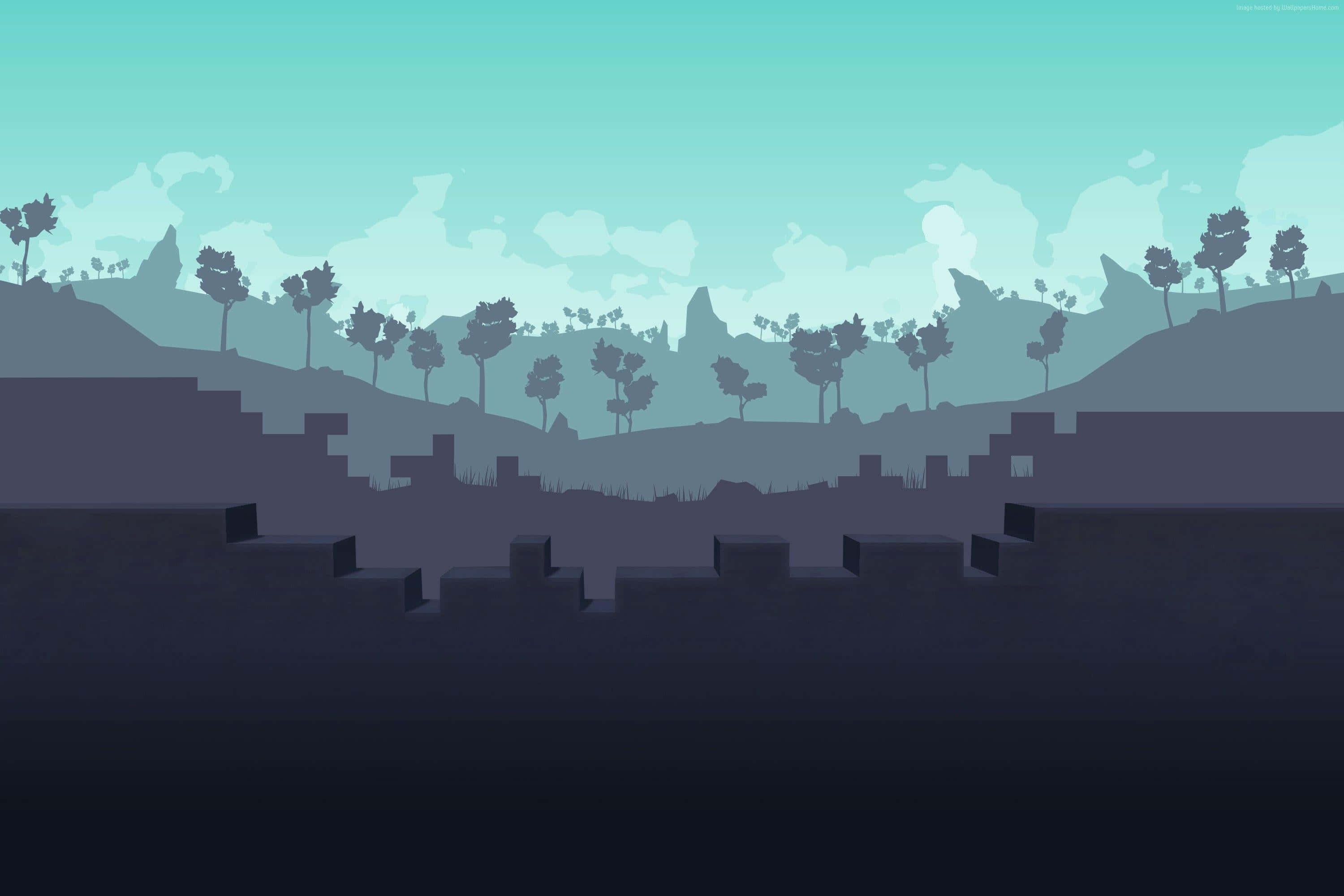 Indie Games 桌布 壁紙 — 一個極簡的數碼藝術風景，在柔和青色的天空下，有剪影般的樹木和廢墟。
