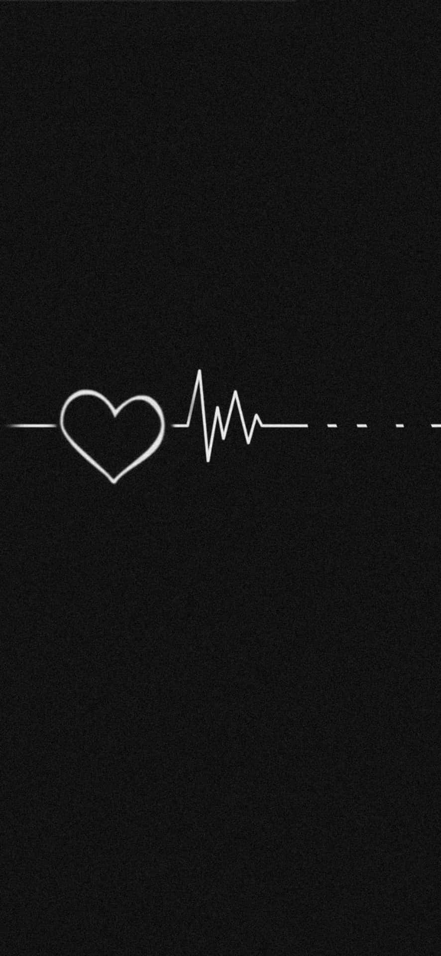Aesthetic Black Heart 桌布 壁紙 — 一個極簡的白色心形符號和心跳線在帶有紋理的黑色背景上發光。