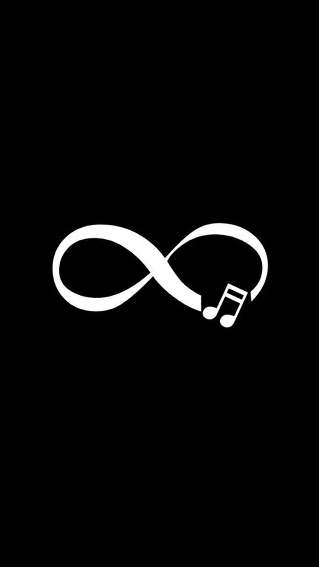 Dark Infinity 桌布 壁紙 — 一個極簡的白色無限符號，末端帶有音符，置於純黑色背景上。