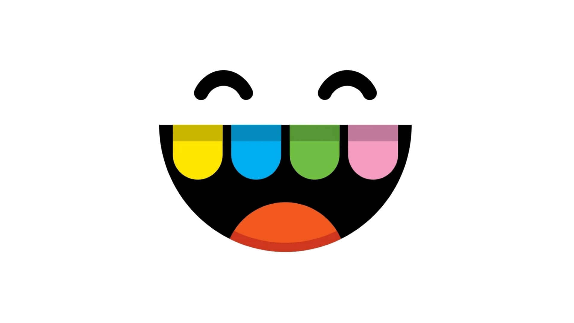 toca boca 桌布 壁紙 — 一個極簡的笑臉，帶有彩色牙齒和橙色舌頭，背景為白色。