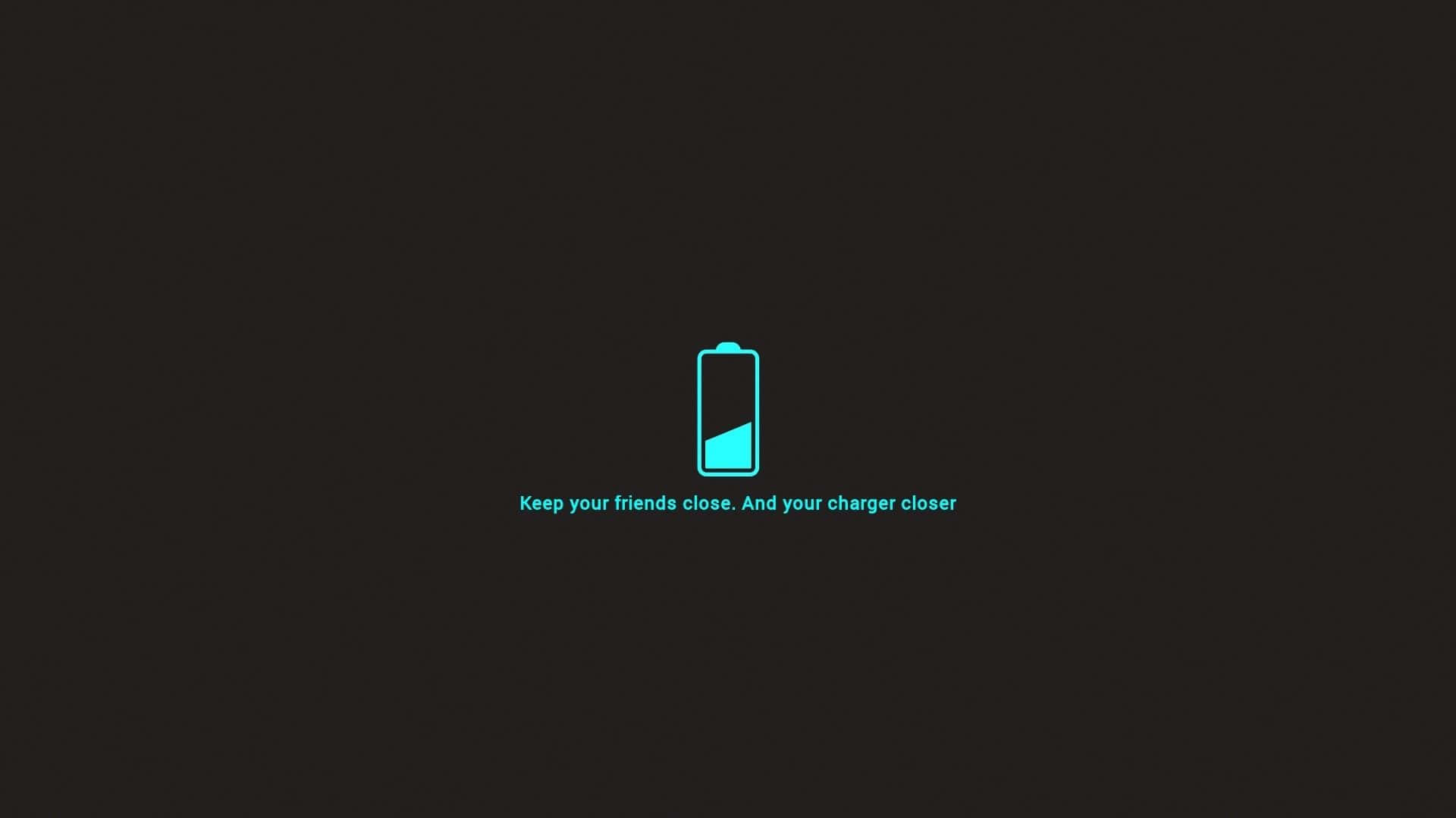 Minimalist Technology 桌布 壁紙 — 一個極簡的青色電池圖標，電量低，居中於深色背景上，下方有幽默文字。