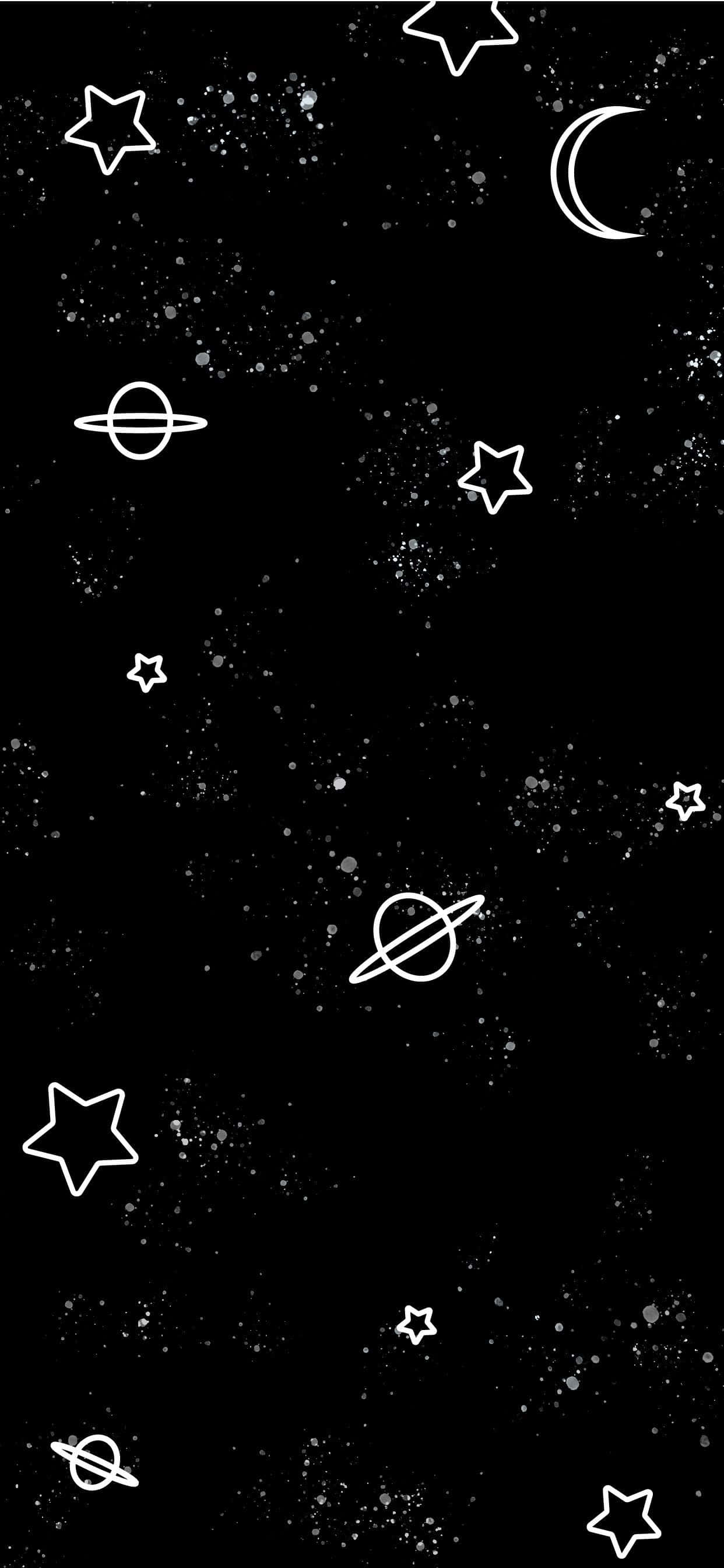 Black And White Star 桌布 壁紙 — 一個極簡的黑色背景，飾以白色輪廓的星星、行星和彎月，營造出宇宙夜空圖案。