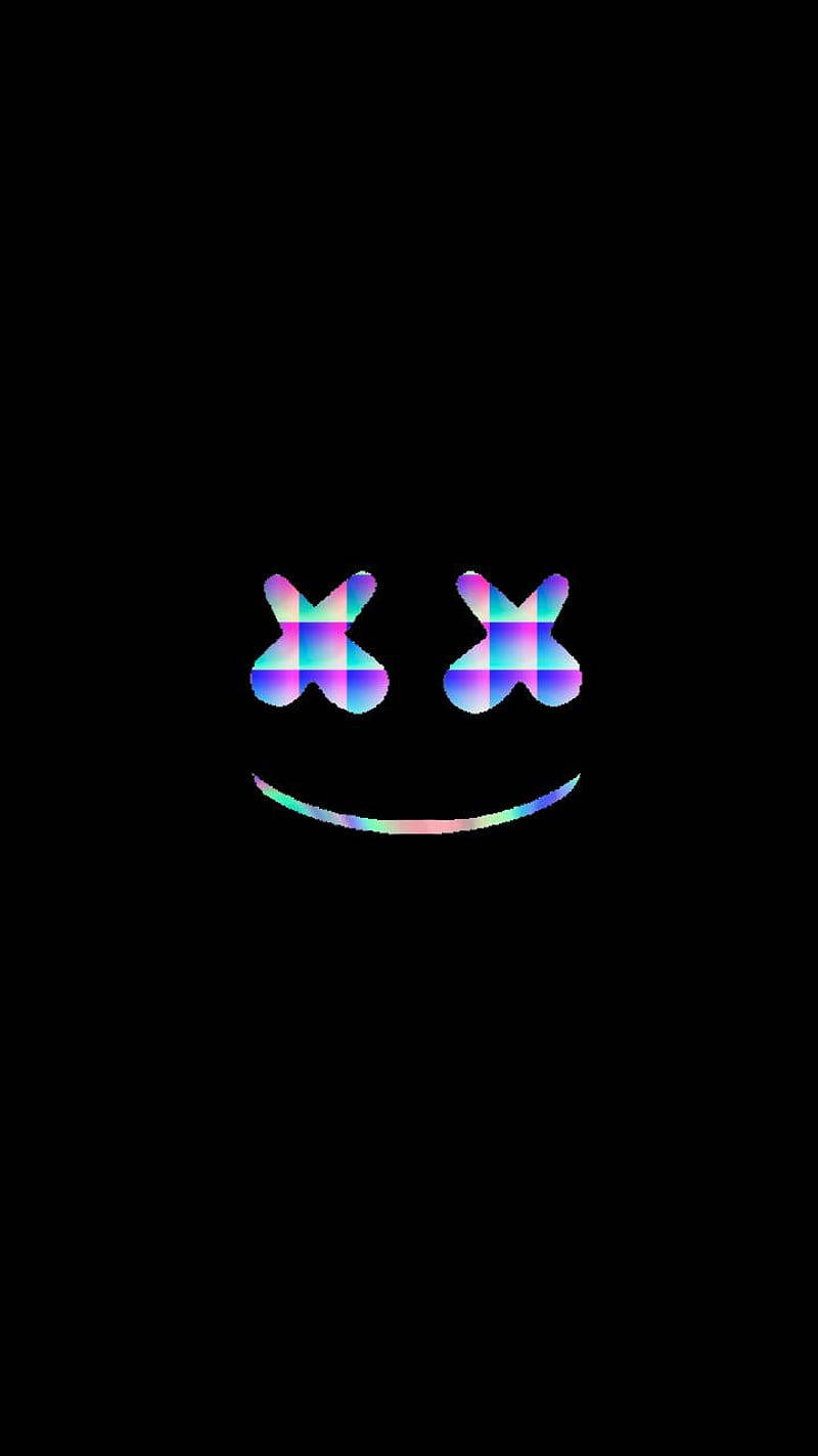 marshmello iPhone 桌布 壁紙 — 一個極簡笑臉，帶有X形眼睛和彩虹色光澤，置於純黑背景上。