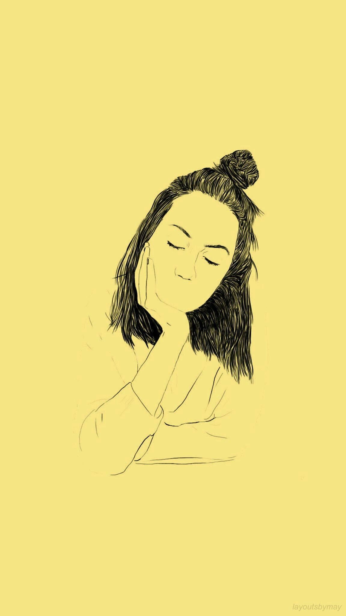 Woman 桌布 壁紙 — 一個極簡線條畫，描繪一位閉上眼睛、將臉頰靠在手上的女性，背景為純黃色。