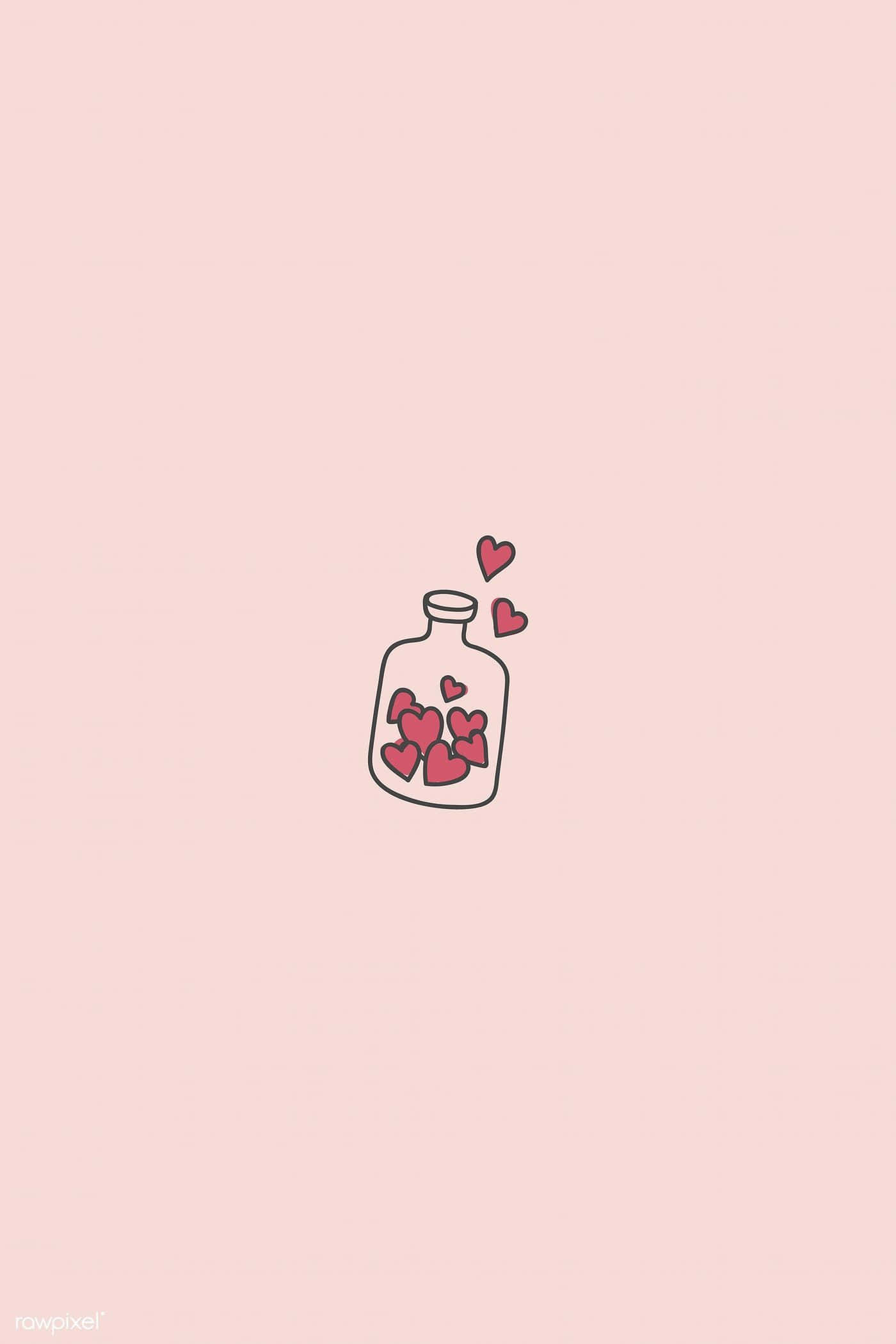 Cute Hearts 桌布 壁紙 — 一個極簡線條畫，描繪一個裝滿粉紅色心形的瓶子，背景是柔和的胭脂色。