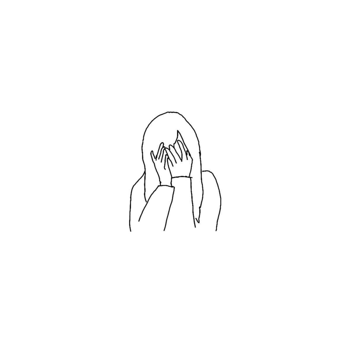 sadness 桌布 壁紙 — 一個極簡線條畫，描繪長髮人物用雙手遮住臉。