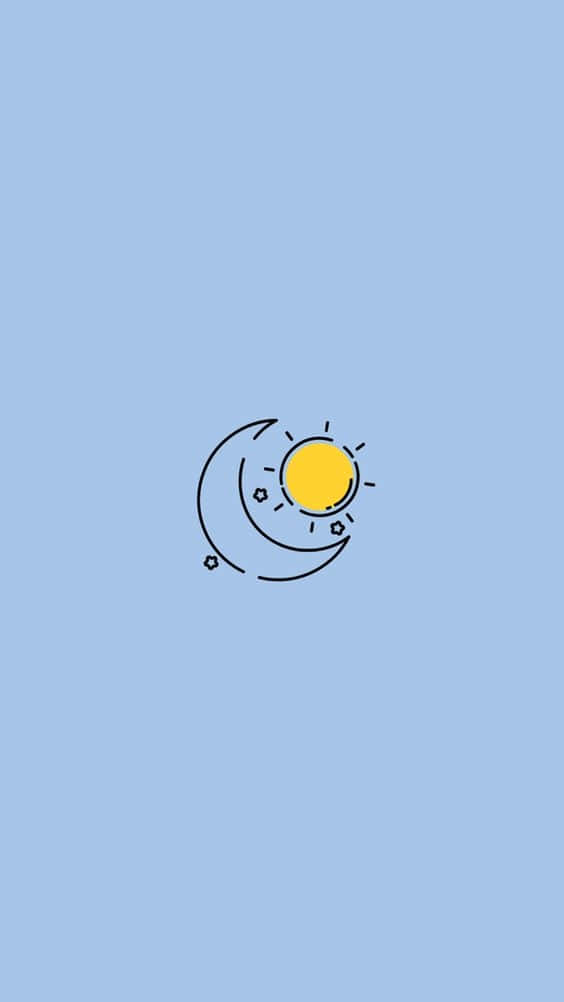 Sun And Moon Aesthetic 桌布 壁紙 — 一個極簡線條藝術圖標，描繪黃色太陽和彎月互相環繞，背景為柔和藍色。