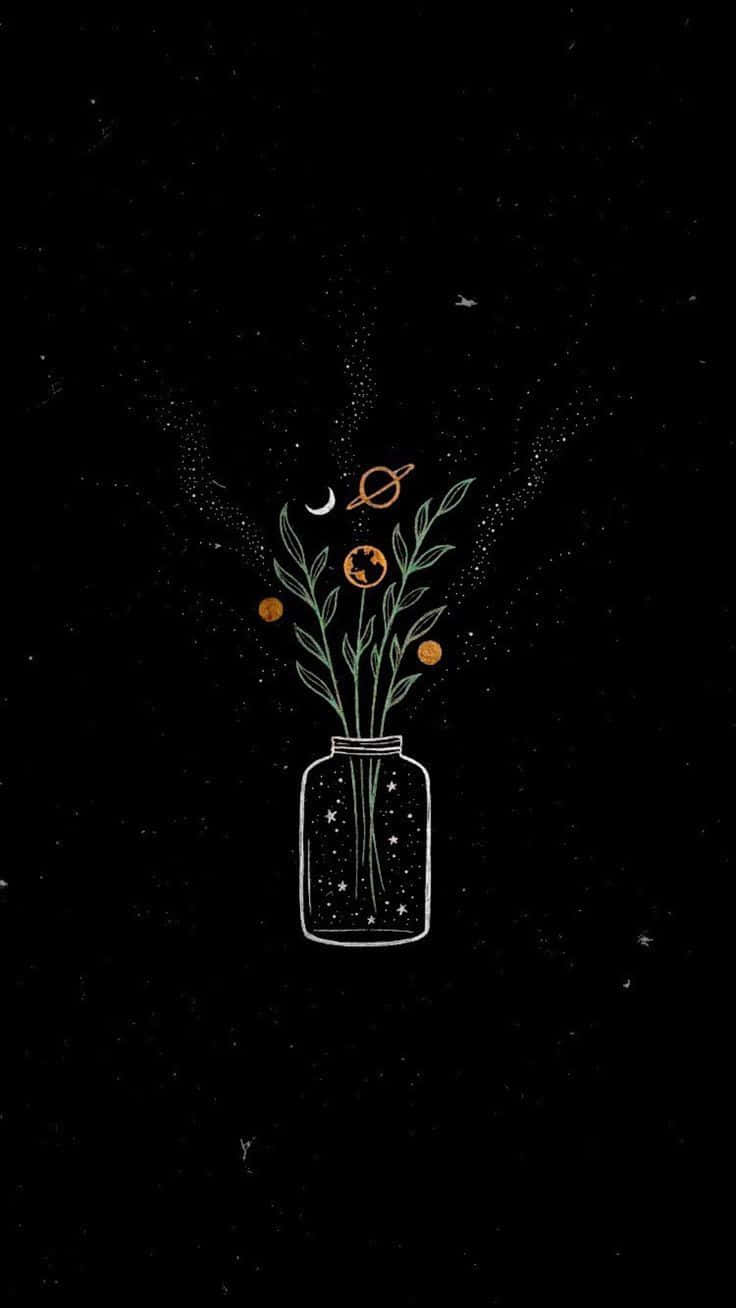 Dark Cute Flower Vase iPad 壁紙 — 一個極簡線條藝術插圖，描繪一個玻璃罐裝著帶有行星和星星的宇宙花朵，背景是星空黑色。
