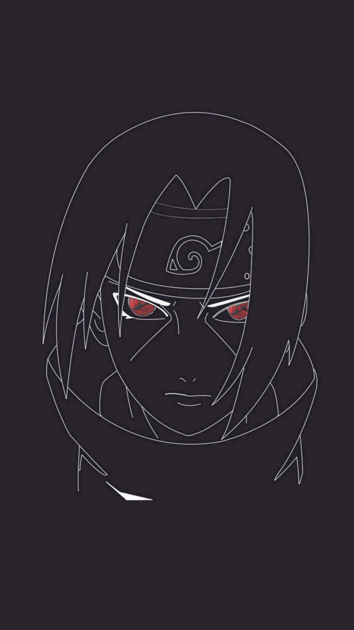 Genjutsu 桌布 壁紙 — 一個極簡線條藝術肖像，描繪一位在黑暗背景中、擁有發光紅眼和頭帶的動漫角色。
