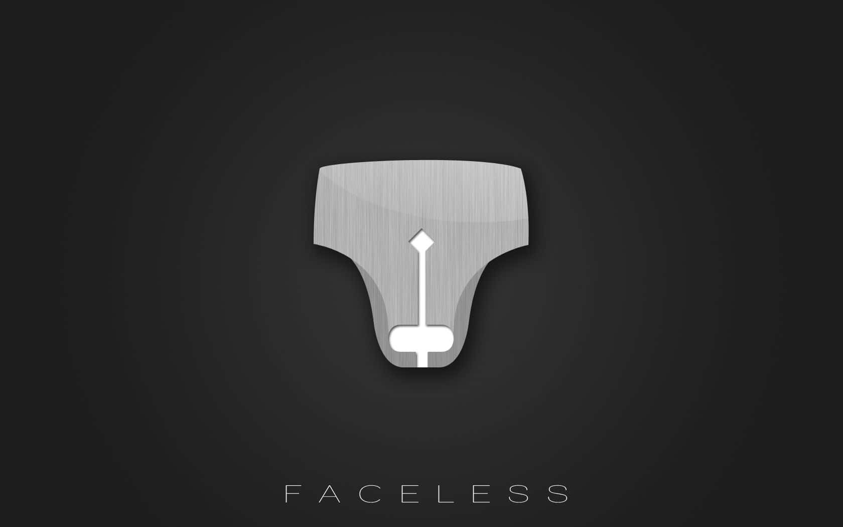 Faceless Void 桌布 壁紙 — 一個極簡金屬標誌，形狀像一個風格化的無面面具，帶有拉絲紋理，居中在深色漸變背景上。