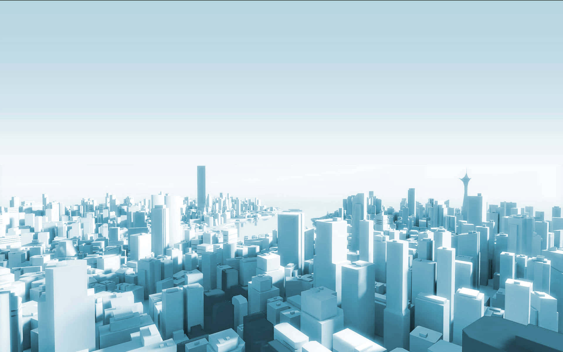 3d City 桌布 壁紙 — 一個極簡風格、帶有藍色調的3D渲染城市景觀，高聳的摩天大樓在朦朧的天空下。