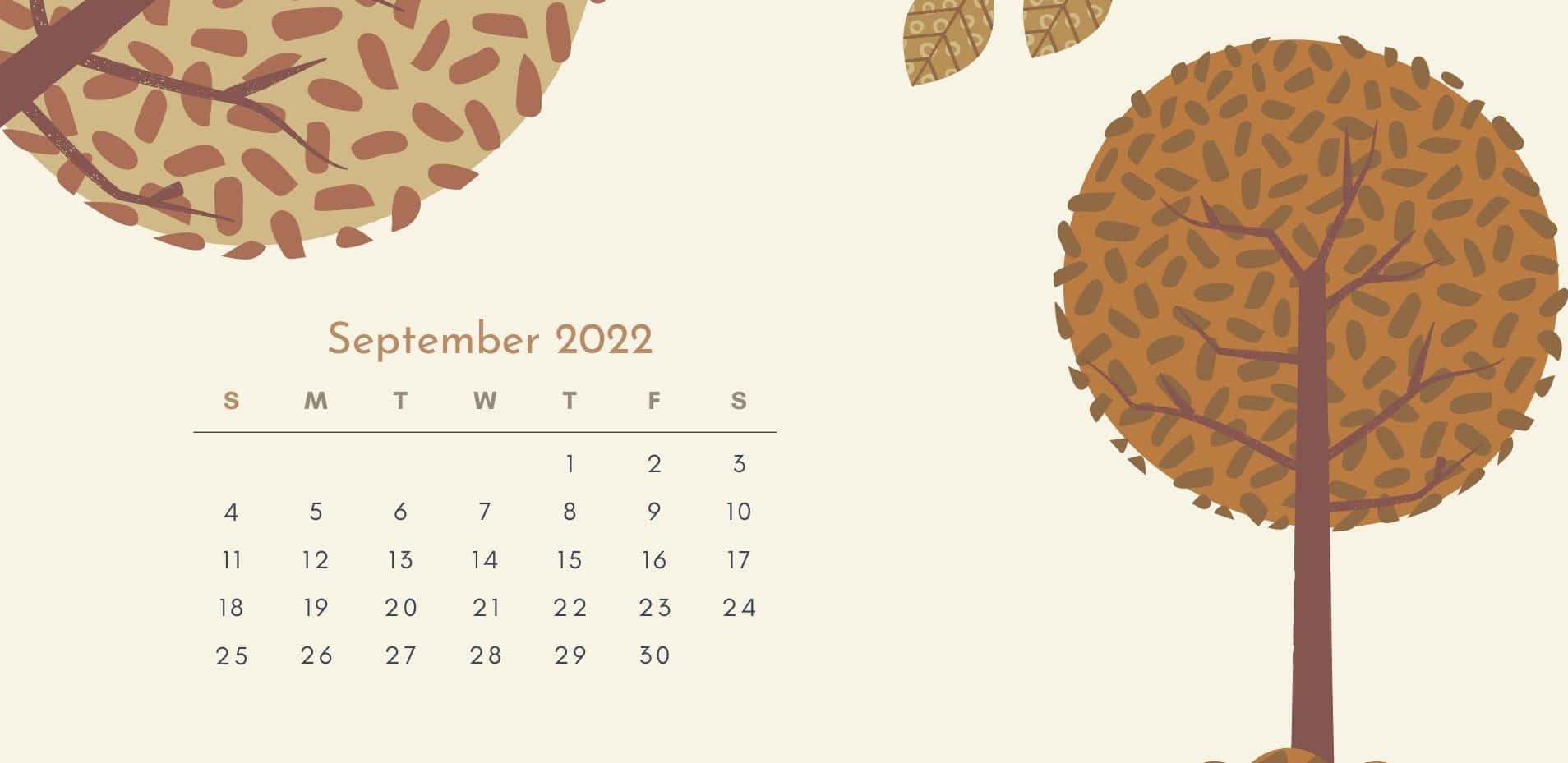 九月 桌布 壁紙 — 一個極簡風格的2022年9月秋季日曆，以風格化的樹木和帶有紋理的樹葉為框架，背景為柔和的奶油色。