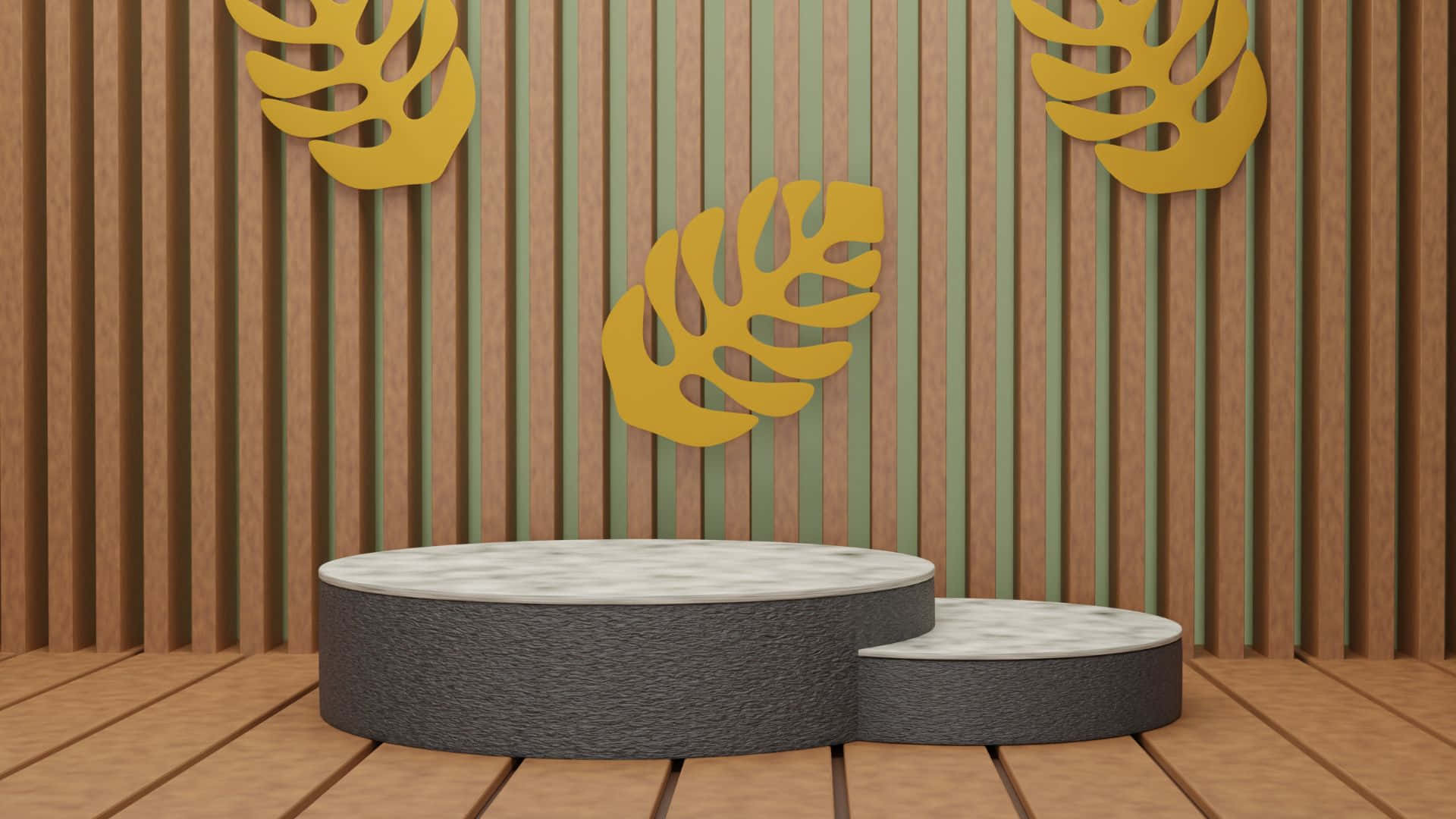 Products 桌布 壁紙 — 一個極簡風格的3D渲染展示台，灰色紋理底座和白色頂部，放置在木地板上，背景是條紋木牆，飾有金色龜背竹葉剪影。