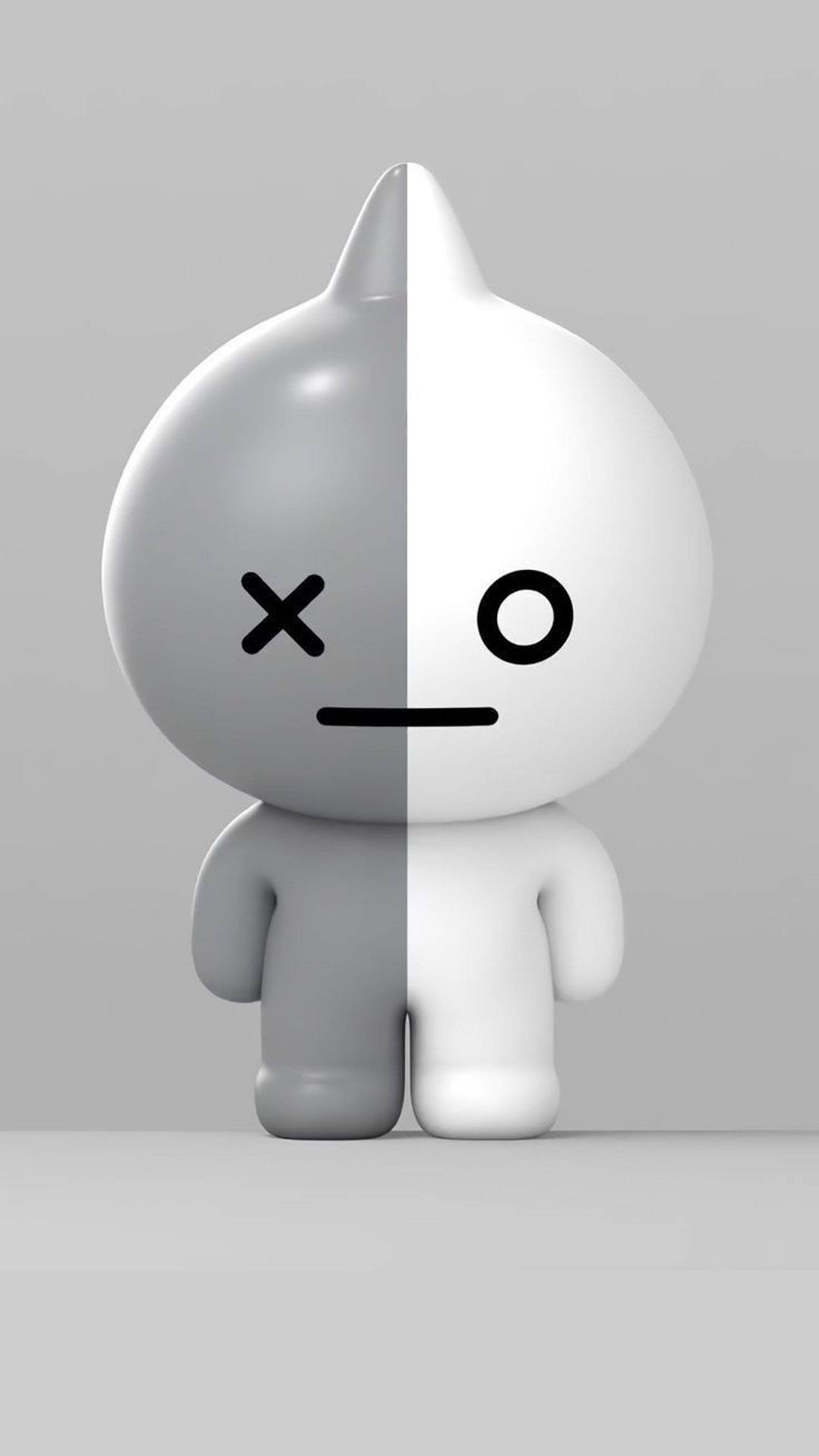 Van BT21 3D 壁紙 — 一個極簡風格的3D渲染角色，從中間分開，一側灰色，一側白色，各自具有對比鮮明的面部特徵。