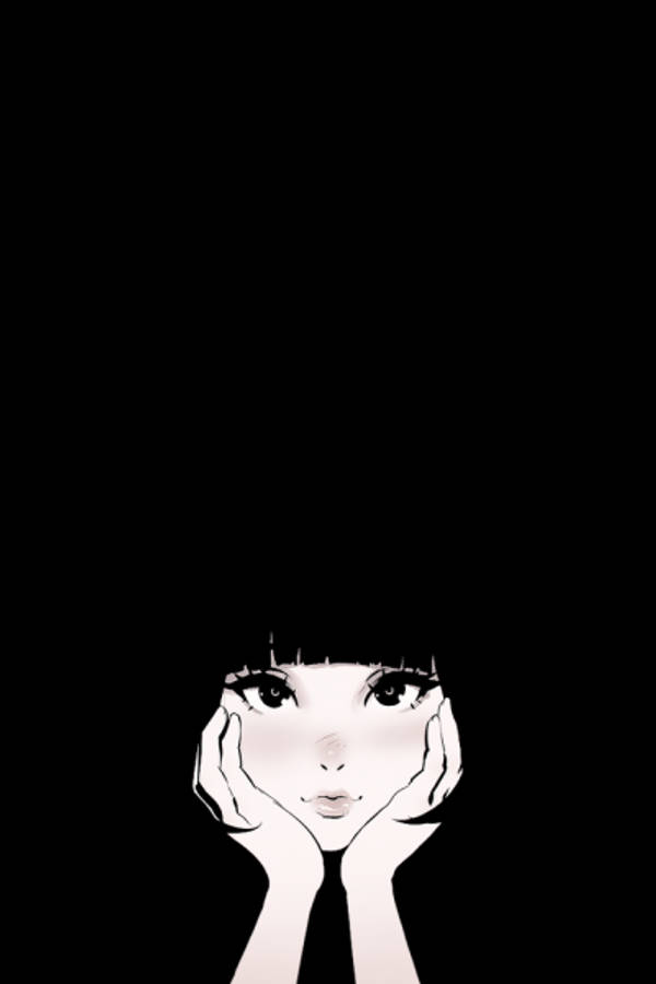Black Aesthetic Anime 桌布 壁紙 — 一個極簡風格的動漫女孩，劉海，雙手托腮，背景為純黑色。