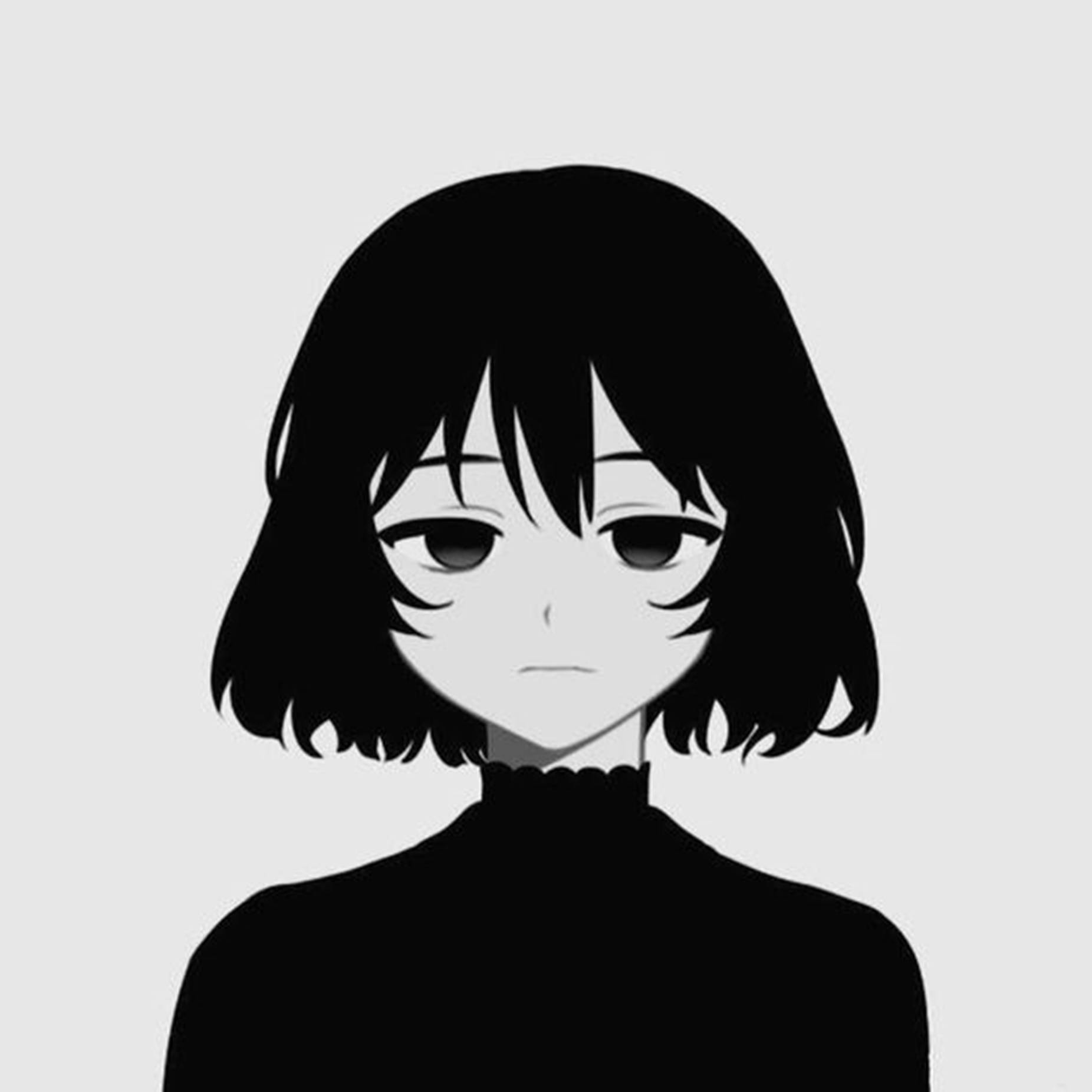 動漫女孩 桌布 壁紙 — 一個極簡風格的動漫女孩，留著黑色短鮑伯頭，穿著高領上衣，背景是純灰色。