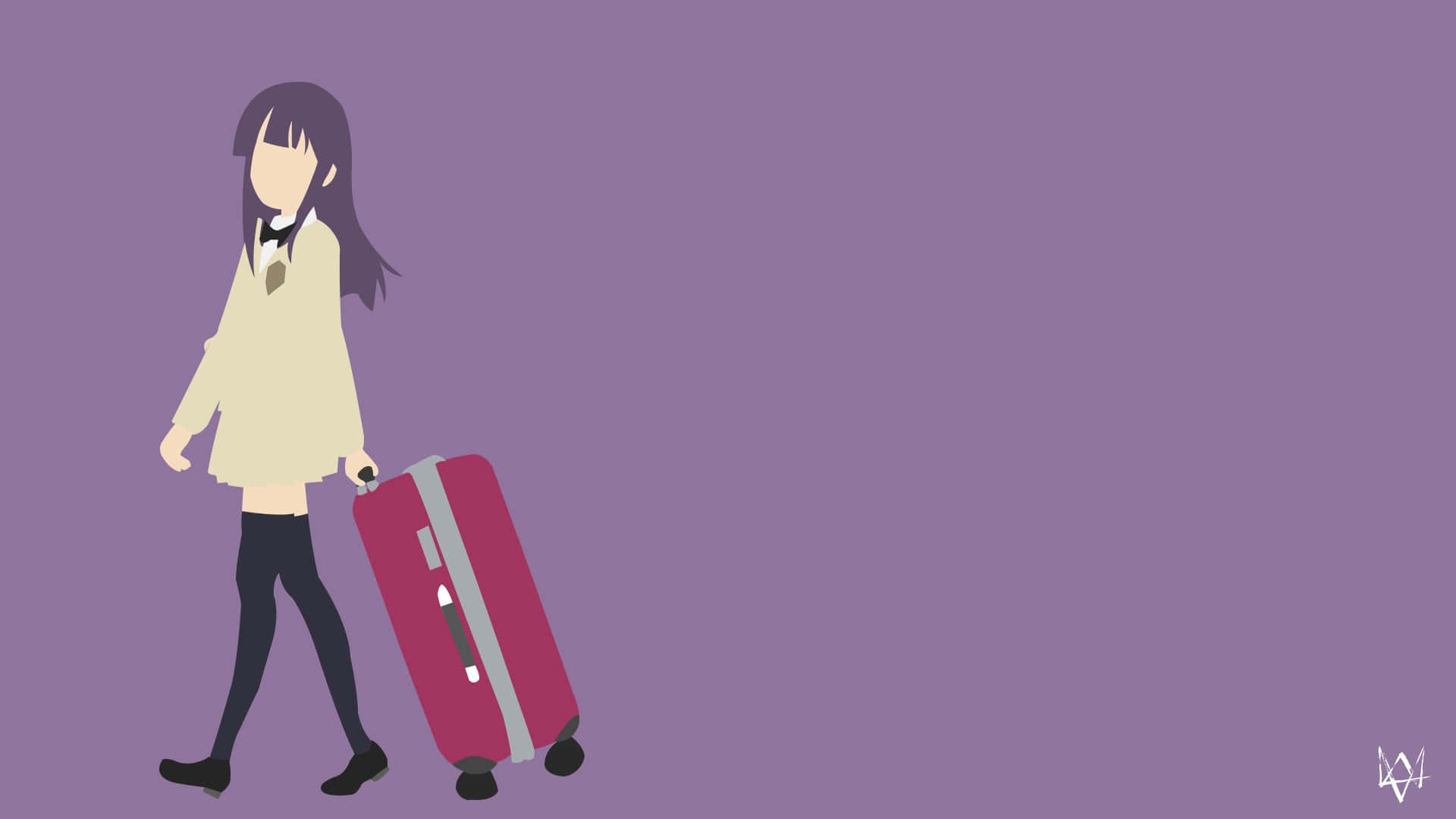 Purple Travel Bag 桌布 壁紙 — 一個極簡風格的動漫女學生穿著校服，在純紫色背景前拖著一個紅色行李箱。