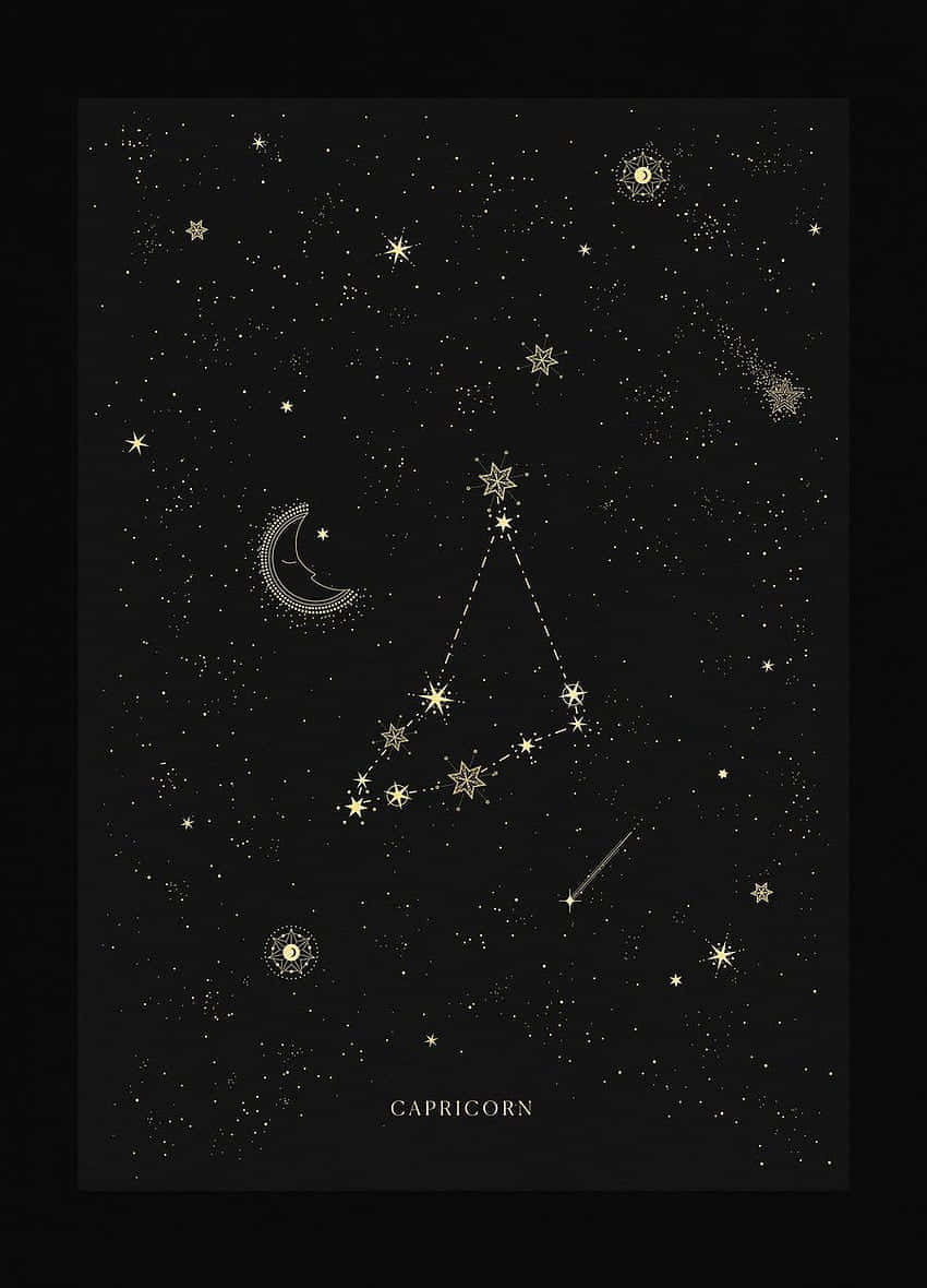 Constellations 桌布 壁紙 — 一個極簡風格的天體插圖，以金色描繪摩羯座星座，背景為黑色星空夜空，帶有新月和彗星。