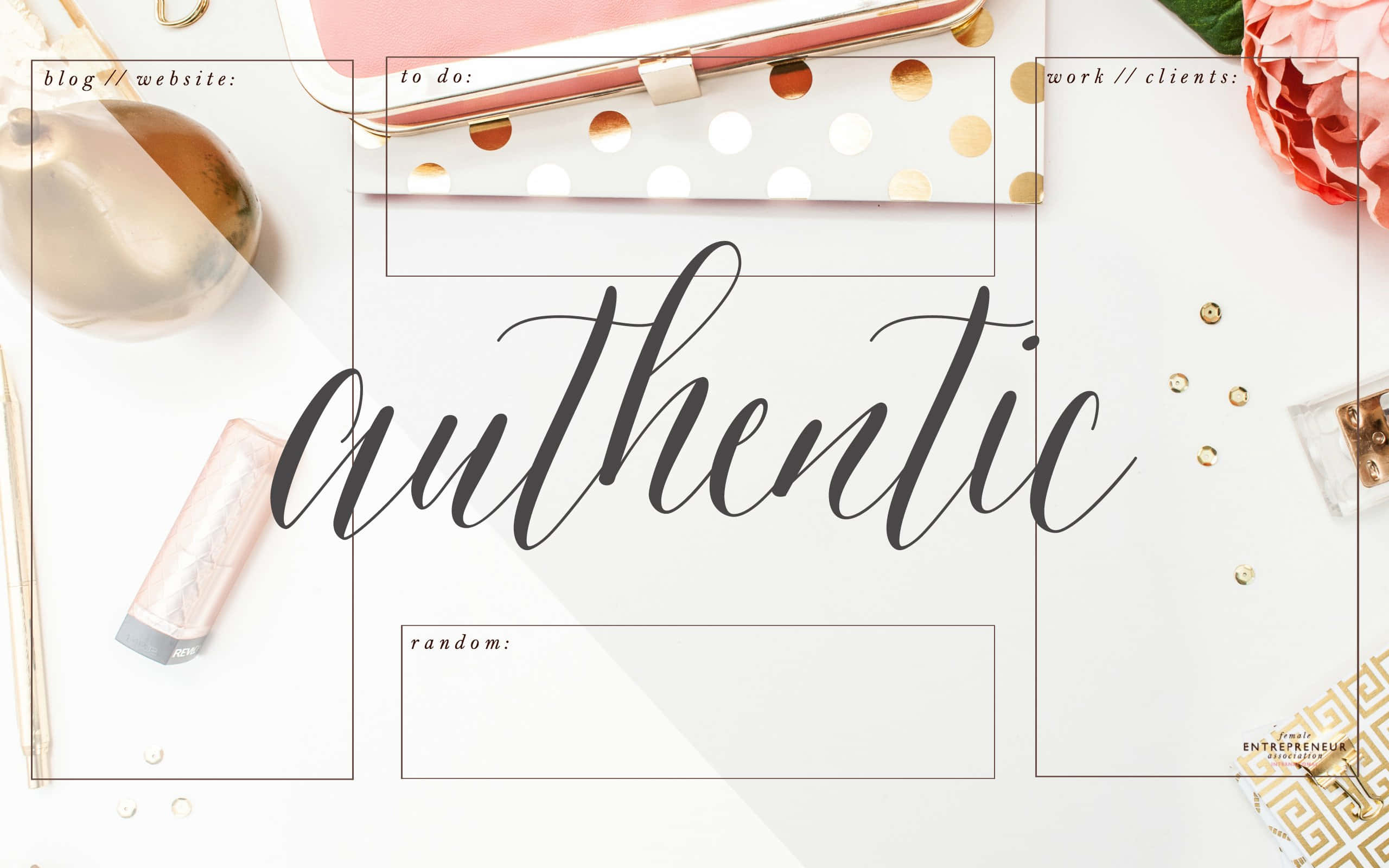 Authentic 桌布 壁紙 — 一個極簡風格的平鋪擺拍，展示女性化的文具和裝飾，白色表面上以優雅手寫體寫著「authentic」一詞。