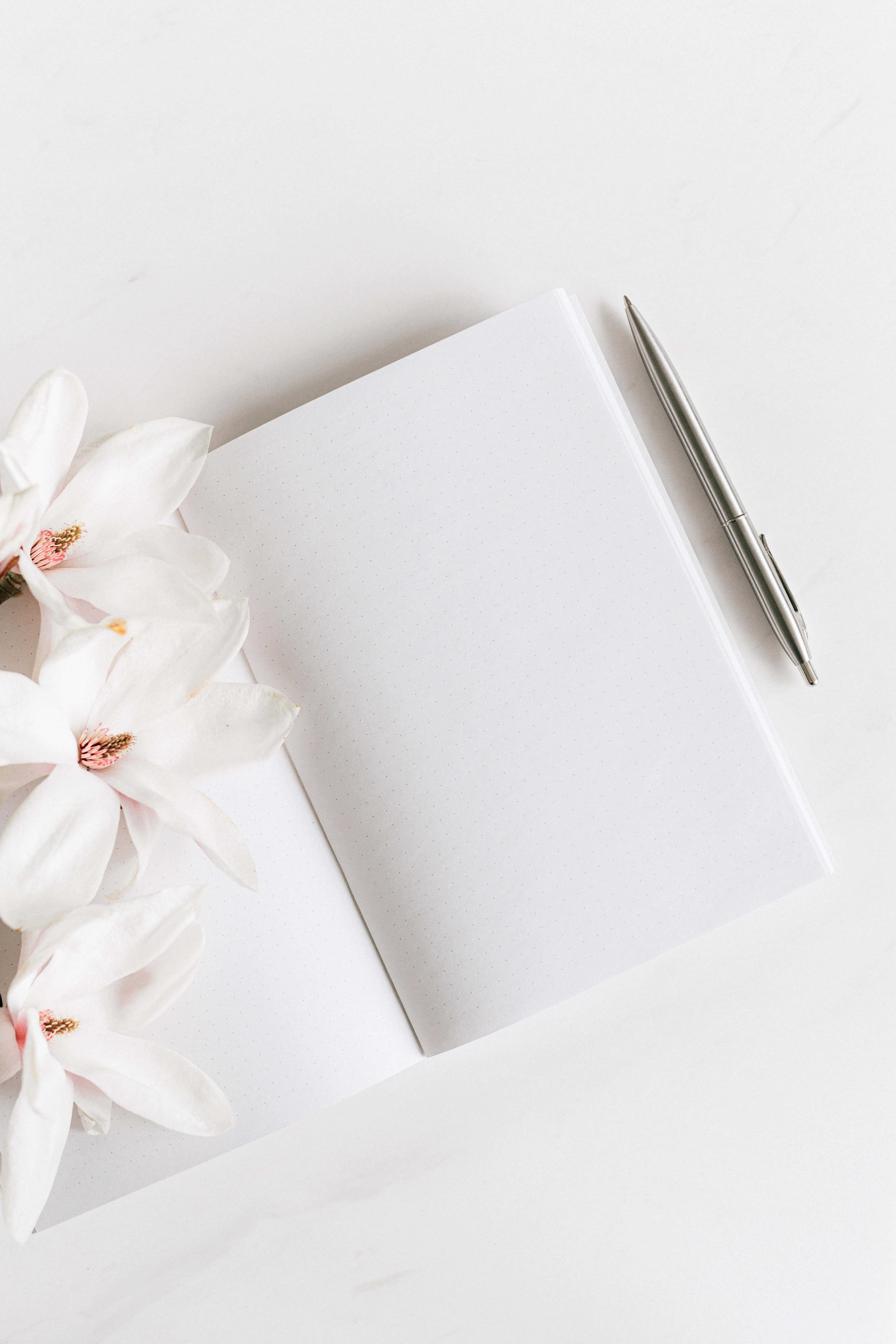Diary 桌布 壁紙 — 一個極簡風格的平鋪構圖，包含一本空白白色筆記本、一支銀色筆和精緻的白色木蘭花，放置在潔淨的白色表面上。