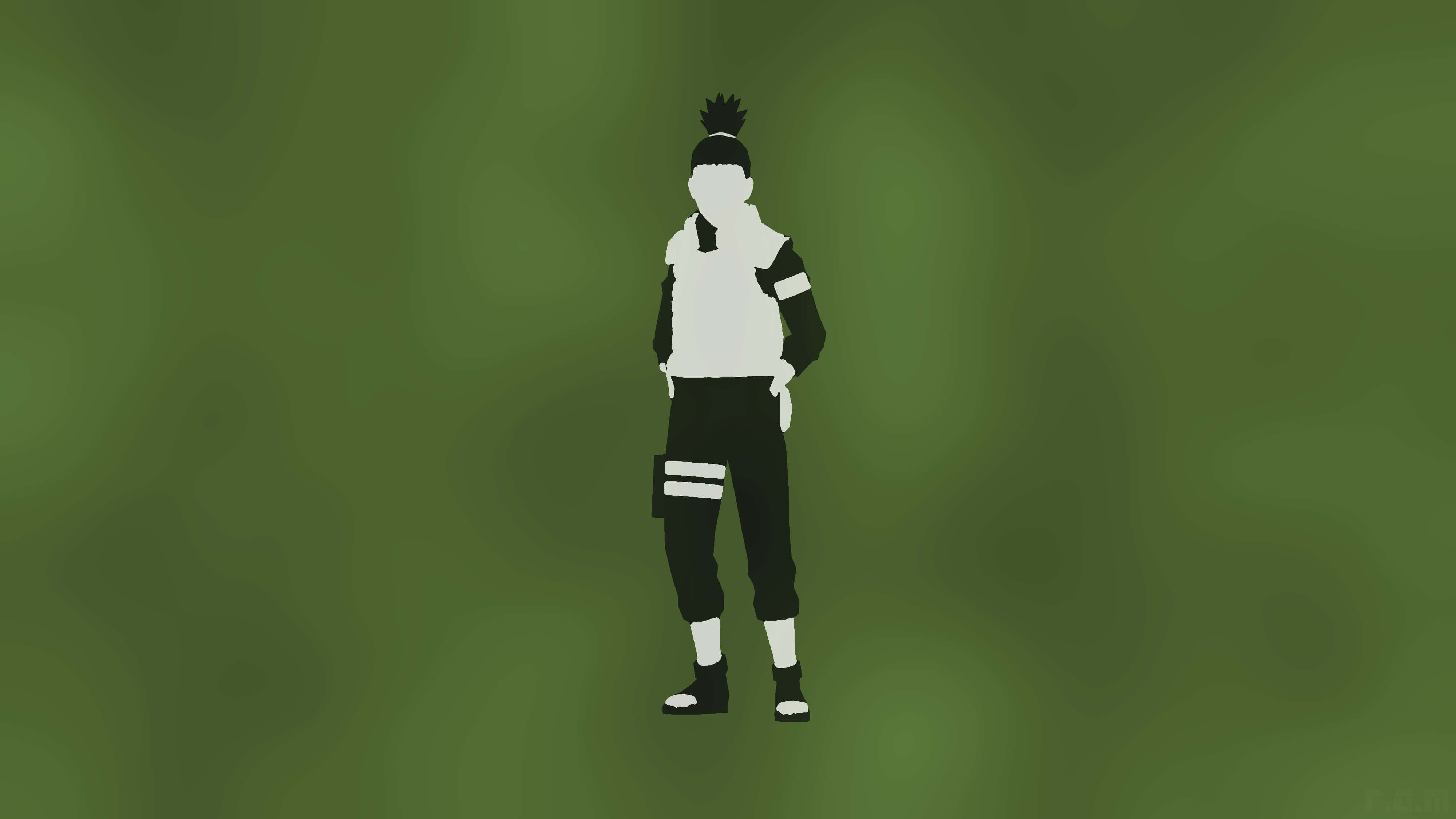 Shikamaru Nara 桌布 壁紙 — 一個極簡風格的忍者剪影，以黑白配色，立於帶有紋理的橄欖綠背景前。
