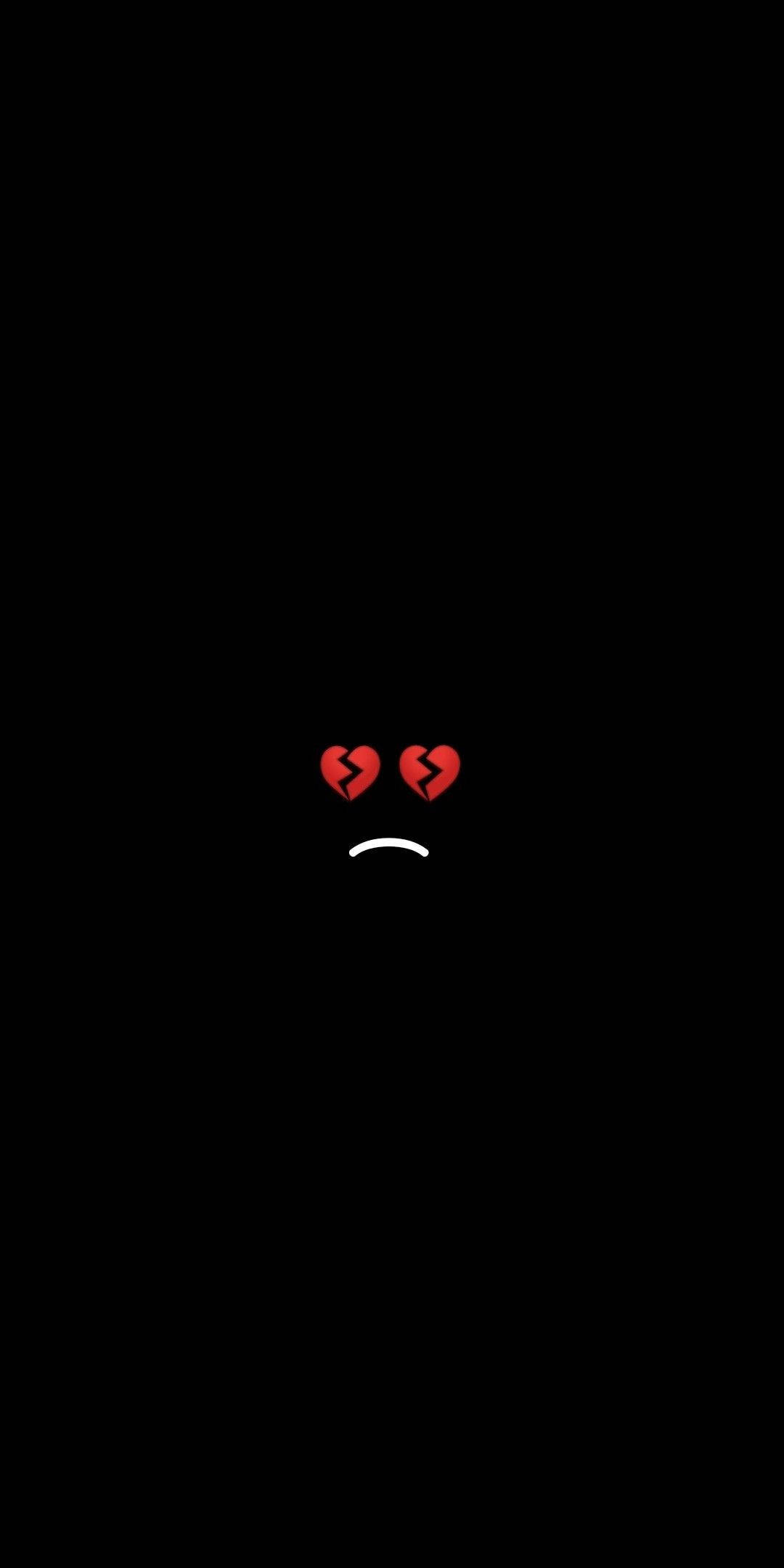 Black Emoji 桌布 壁紙 — 一個極簡風格的悲傷臉孔，帶有破碎的紅色心形眼睛和白色皺眉，背景為純黑色。