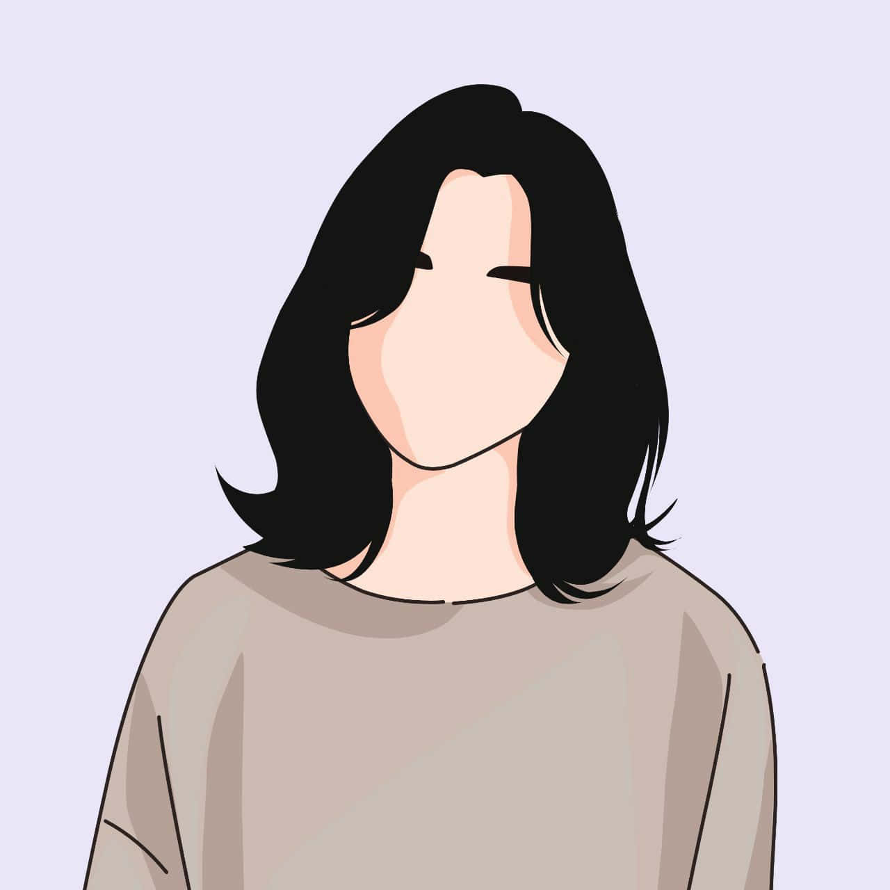 Cartoon Drawing 桌布 壁紙 — 一個極簡風格的數位插圖，描繪一位留著黑色及肩長髮、身穿米色上衣的人物，背景為淡紫色。