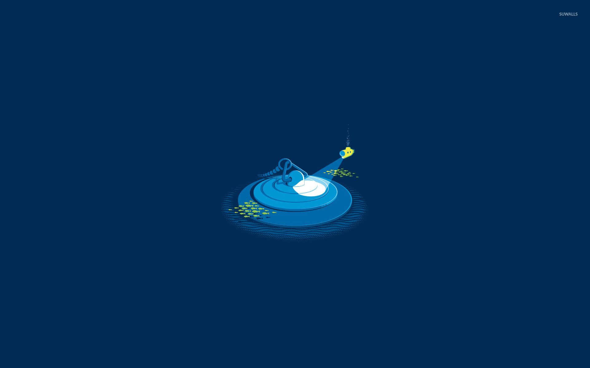 Minimalist Ocean 桌布 壁紙 — 一個極簡風格的數位插圖，描繪一部黑膠唱片機，黃色唱針在深藍色背景上播放藍色唱片。