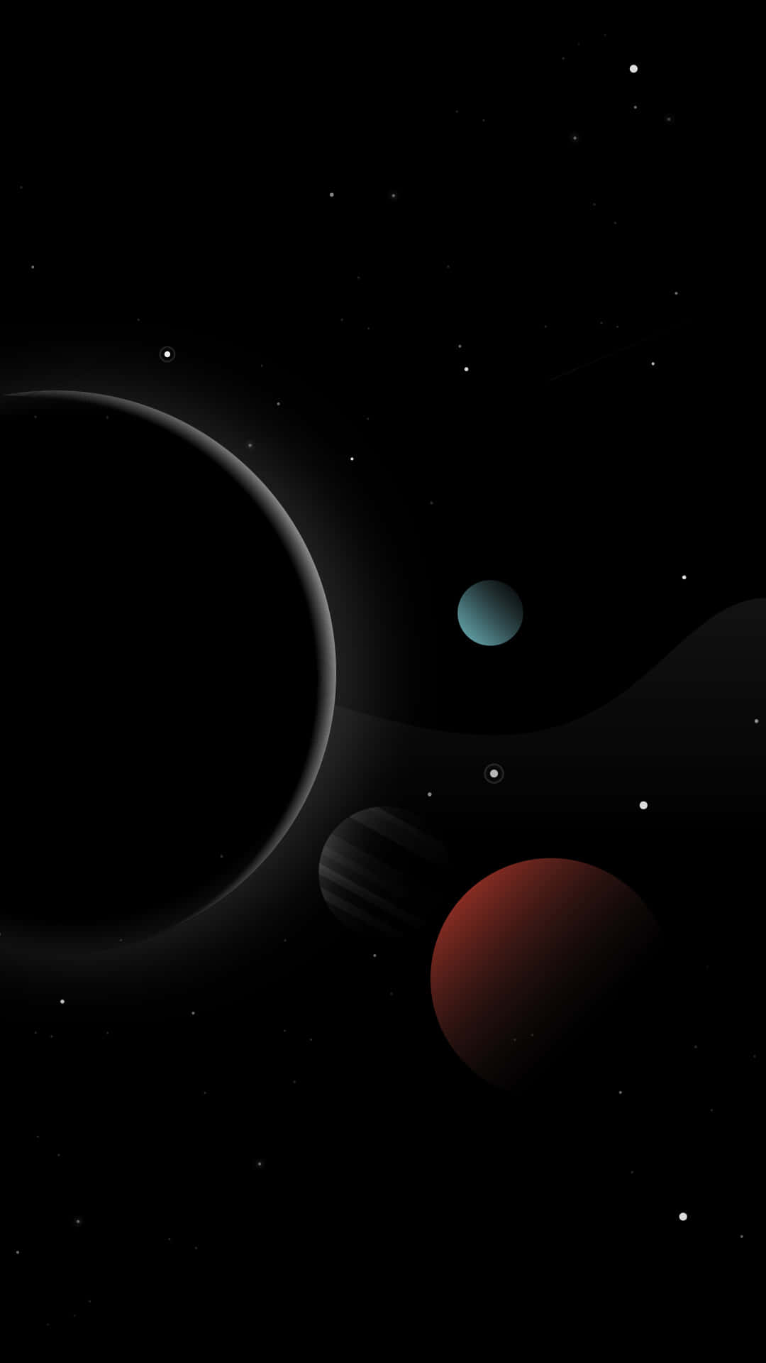 Minimalist Space 桌布 壁紙 — 一個極簡風格的數位藝術作品，描繪行星和星星漂浮在深邃太空中，帶有柔和發光的高光。